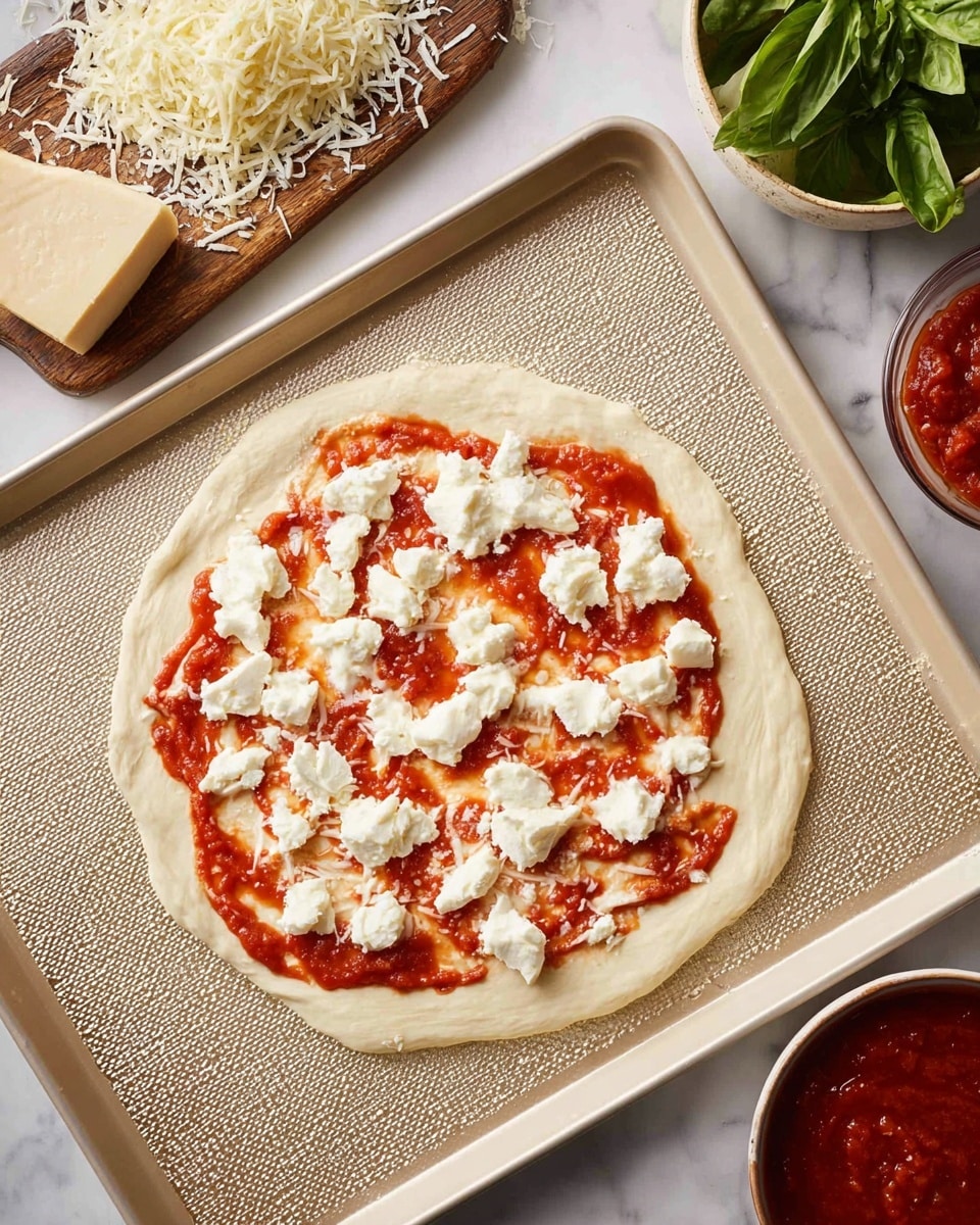 A raw pizza sits on a baking tray with a light beige color and a textured surface. The pizza dough is pale and smooth with a thicker edge crust forming a ring around the pizza. A bright red tomato sauce is spread unevenly in small clusters across the white dough, leaving some spaces uncovered. White torn mozzarella pieces are scattered over the tomato sauce evenly in irregular shapes. Nearby, there is a wooden board with grated cheese, a heap of fresh white shredded cheese in a white bowl, a bunch of fresh green basil, and a bowl of extra red tomato sauce on a white marbled surface. The overall look is bright with fresh ingredients ready for baking. photo taken with an iphone --ar 4:5 --v 7