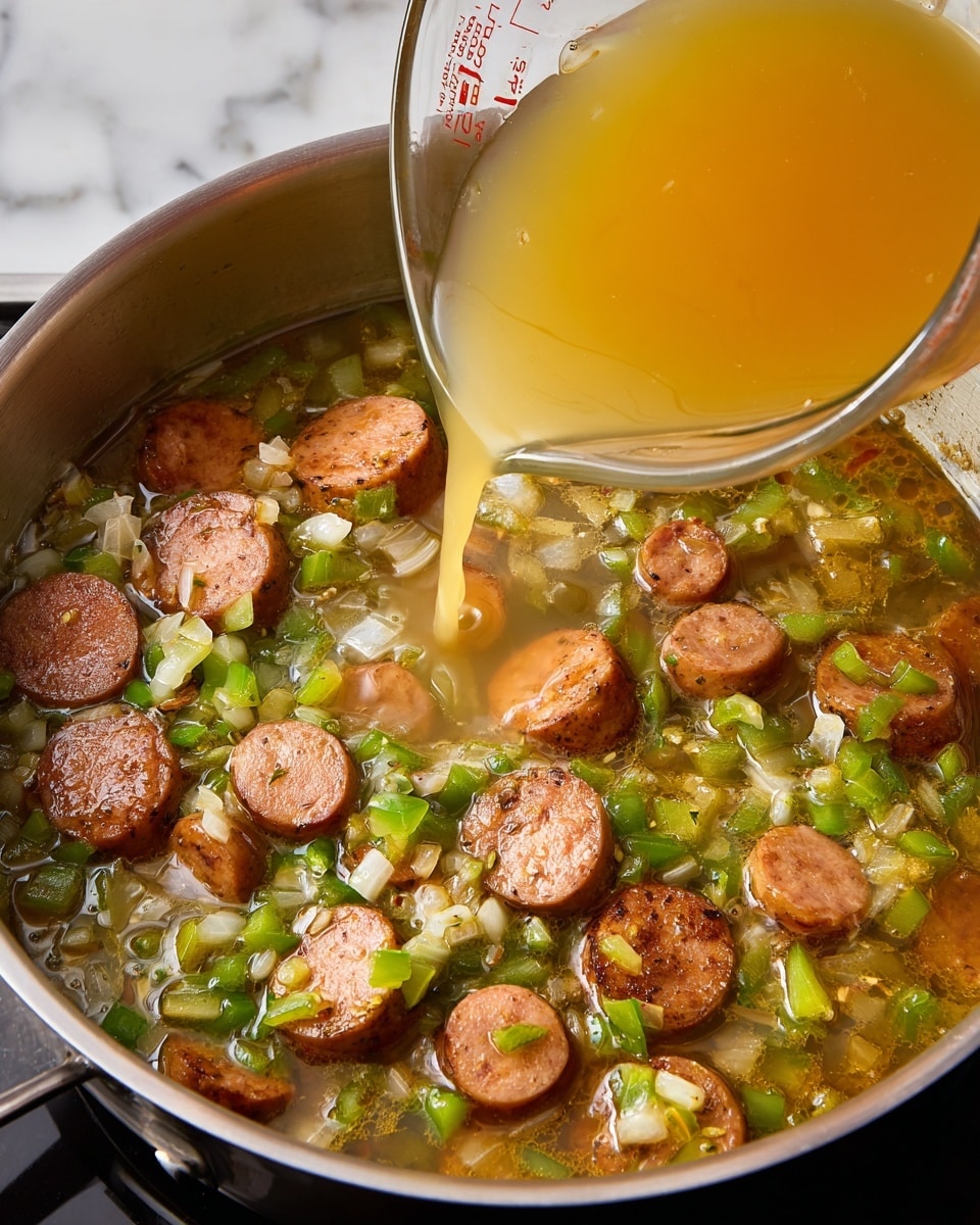 A metal pan filled with sliced brown sausages mixed with small green bell pepper pieces and finely chopped white onions, all cooking in a glossy golden broth. A clear measuring cup is tilted, pouring more light yellow broth into the pan, creating a shiny liquid layer that mixes with the ingredients. The pan sits on a white marbled surface. Photo taken with an iphone --ar 4:5 --v 7