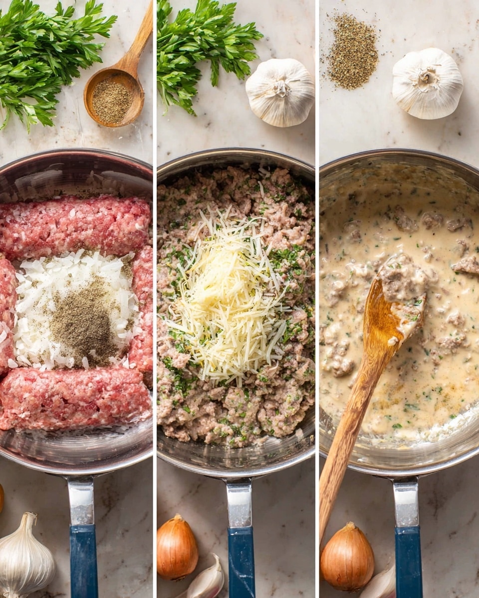 The image shows three steps of cooking in a metal pan on a white marbled surface with parsley and garlic in the background. The first side shows raw ground meat shaped in a log with chopped white onions and seasonings like black pepper, garlic powder, and minced garlic around it. The middle side shows cooked ground meat with added shredded cheese, green herbs, milk, and some kind of sauce, all mixing together with a creamy texture. The last side shows the mixture fully blended and creamy with visible herbs sprinkled on top, stirred by a wooden spoon inside the metal pan. Photo taken with an iphone --ar 4:5 --v 7