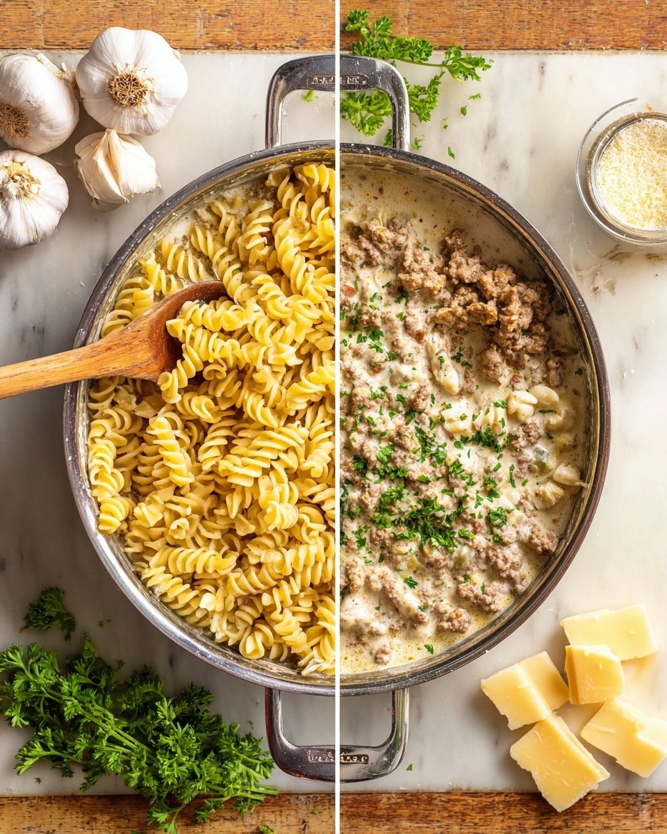 The image shows a two-part scene of a large metal pan filled with food on a white marbled surface. On the left side, the pan holds a creamy sauce mixed with ground meat at the bottom layer, topped with a layer of pale yellow cooked rotini pasta spirals piled in the center. A wooden spoon with a smooth texture rests in the pan, partially covered by the pasta. Around the pan, ingredients like whole garlic bulbs, a garlic powder container, fresh green parsley sprigs, an onion, and broken chunks of pale yellow cheese are placed on the surface. On the right side, the same pan shows the creamy sauce and ground meat beneath mixed together with the cooked pasta, topped with chopped green parsley scattered in the middle. The wooden spoon remains in the pan, slightly covered with the mixture. photo taken with an iphone --ar 4:5 --v 7