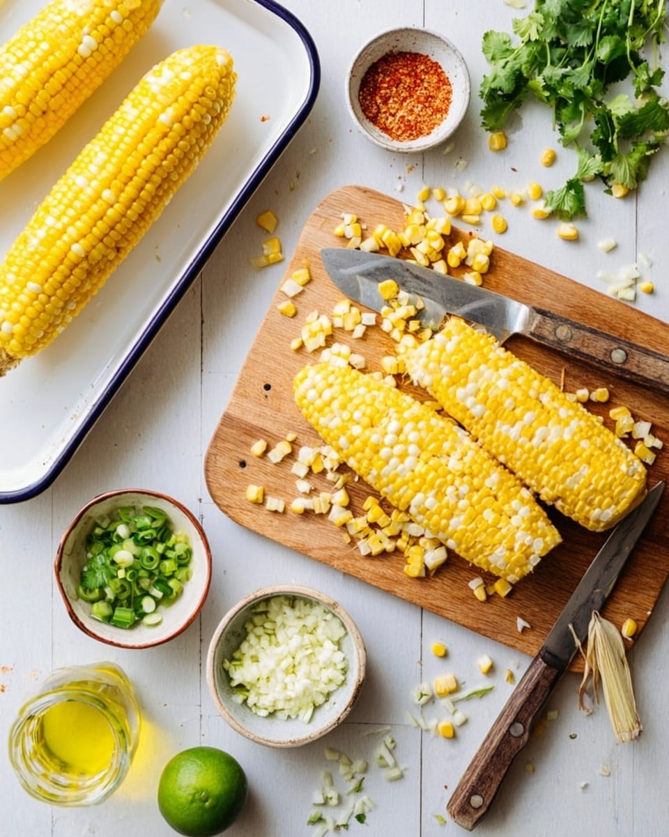 The image shows one long yellow and white grilled corn cob on a white enamel tray with a dark rim, positioned to the left. To the right, a wooden cutting board holds one whole grilled corn cob and many fresh-cut corn kernels in yellow and white, with a knife featuring a wooden handle placed next to the kernels. Surrounding these are small bowls with green chopped scallions, white crumbly cheese, and green lime zest. A whole green lime and a small glass container with yellow oil are also on the white marbled surface, along with a small white dish containing red seasoning. Fresh cilantro leaves lie near the top right corner. Photo taken with an iphone --ar 4:5 --v 7