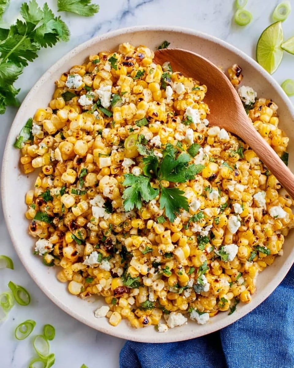 A white plate filled with roasted corn kernels that are golden yellow with some brown char marks, mixed with small white cheese crumbles, chopped green herbs, and green onion pieces scattered throughout. A wooden spoon rests inside the plate on top of the corn mixture, and green parsley leaves are garnished on top. The plate is placed on a white marbled surface with a few green onion slices and cilantro sprigs nearby, and a blue cloth is partly visible on the lower right side. photo taken with an iphone --ar 4:5 --v 7