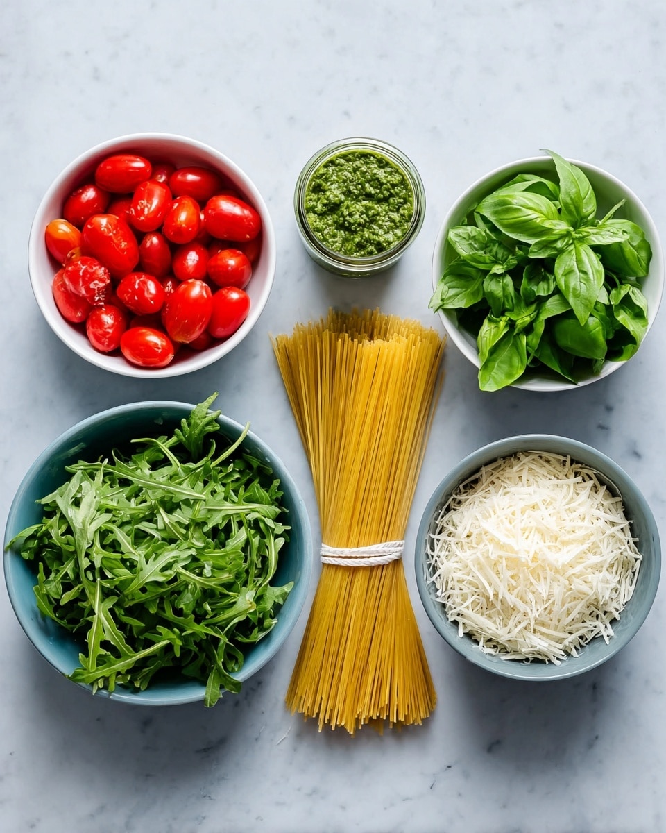 The image shows six groups of ingredients on a white marbled surface. From left to right, there is a small white bowl filled with halved bright red cherry tomatoes, next to a clear glass jar of chunky green pesto sauce. In the center lies a bundle of dry, yellow spaghetti tied with a white band. To the right of the pasta, there is a white bowl filled with fresh dark green basil leaves, and next to it, another white bowl with a large amount of shredded off-white cheese. Below the pasta and basil bowls, there is a larger gray bowl filled with fresh, leafy green arugula. photo taken with an iphone --ar 4:5 --v 7
