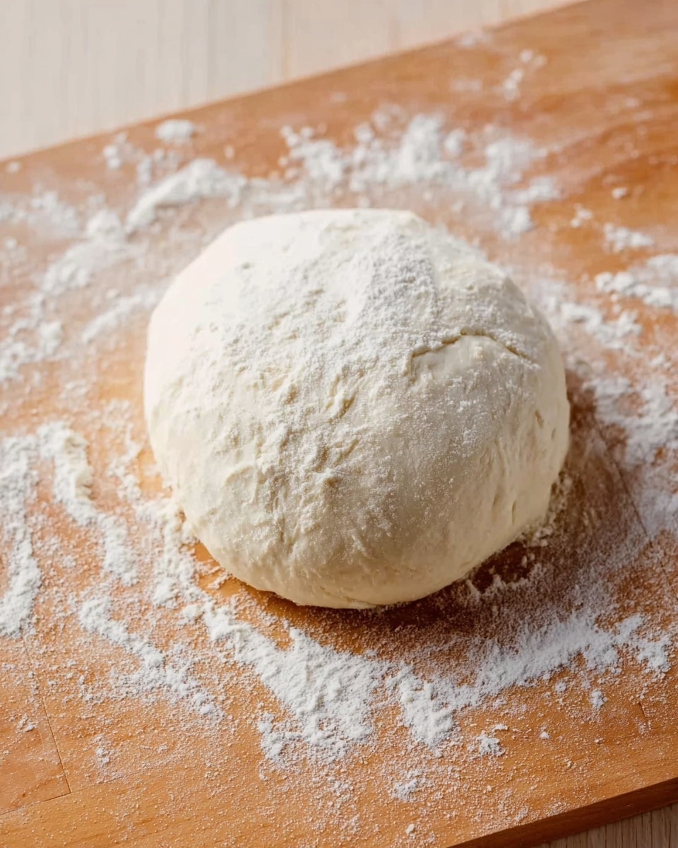 The image shows a round ball of dough with a soft, slightly uneven surface. It rests on a light brown wooden board sprinkled with white flour around and under the dough. The dough looks smooth but has small cracks and a dusting of flour on top. In the background, the wooden surface extends with more flour scattered lightly. The scene has a bright, natural light that highlights the texture of the dough and flour. photo taken with an iphone --ar 4:5 --v 7