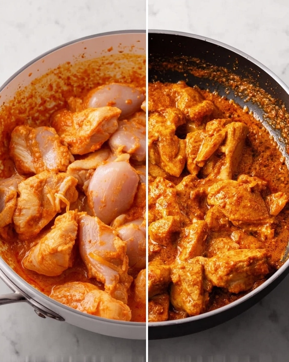 The image shows two side-by-side views of a white pan on a white marbled surface. On the left side, the pan holds raw chicken pieces covered with a thick red-orange marinade that looks smooth and creamy. The chicken pieces are pale pink with the marinade giving a bright warm color on top. On the right side, the same pan shows the chicken cooked, with the marinade turning into a richer, darker orange sauce that looks thicker and textured with small bits spread around the cooked chicken pieces. The chicken now appears firmer and more coated with the cooked sauce. Photo taken with an iphone --ar 4:5 --v 7