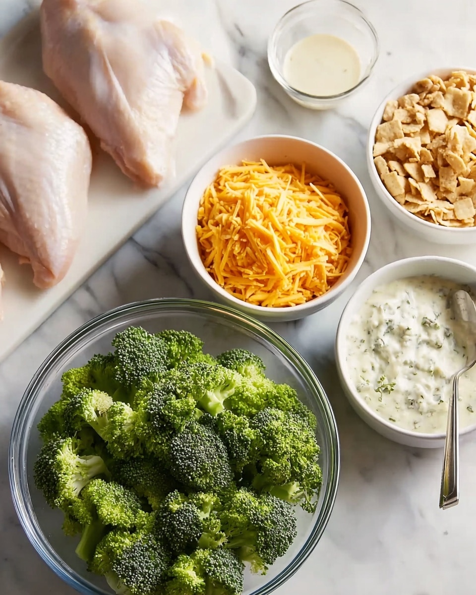 The image shows several ingredients arranged neatly on a white marbled surface. In the center front, there is a clear glass bowl filled with bright green broccoli florets. Behind it, there are three small white bowls: one filled with shredded orange cheese, one with light golden-brown crushed crackers, and one with creamy white sauce mixed with herbs. To the left at the back, there are three raw chicken pieces placed directly on the surface. A small spoon with some creamy sauce is also visible near the bowls. Photo taken with an iphone --ar 4:5 --v 7