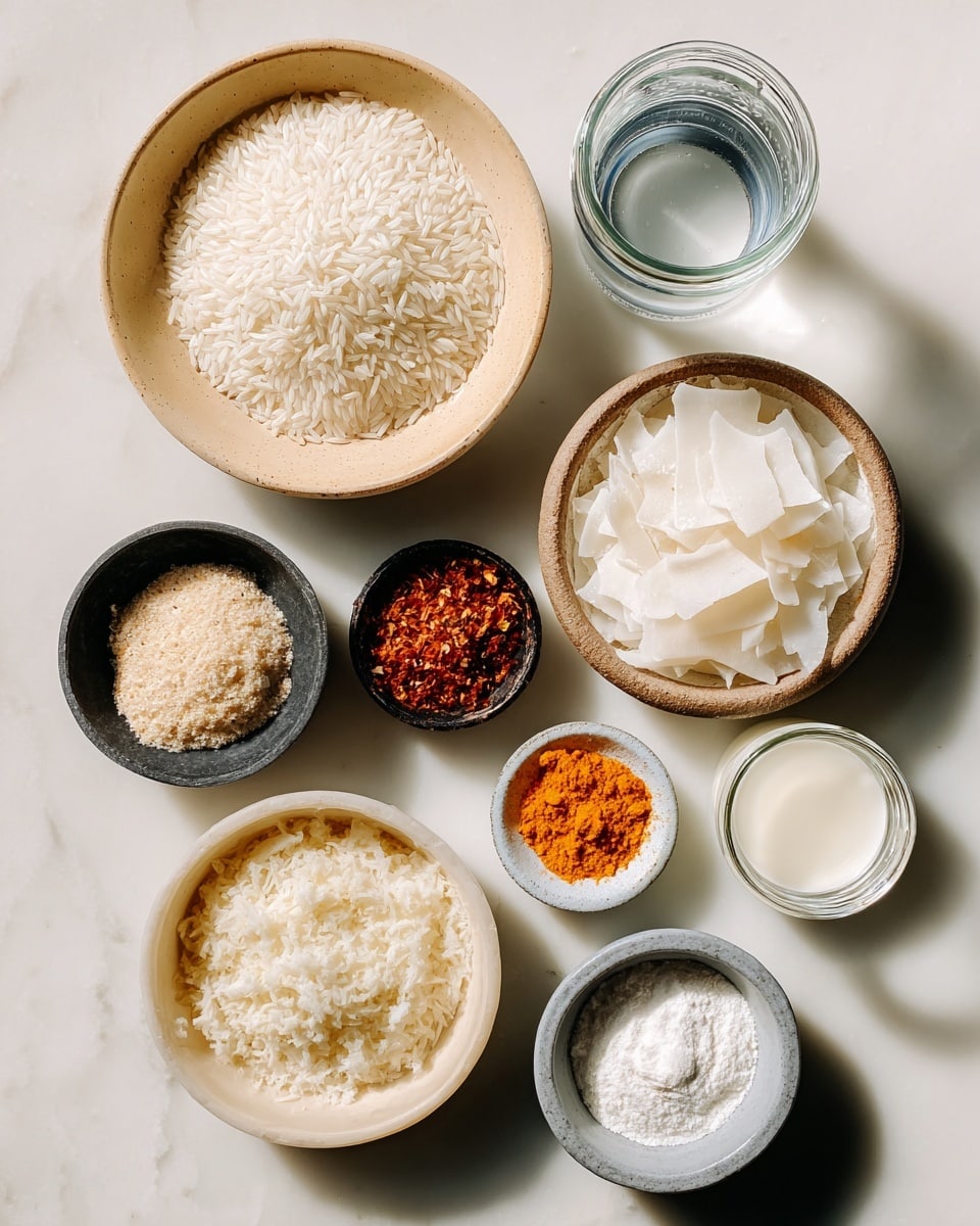The image shows seven small containers arranged on a white marbled surface, each holding a different ingredient. Starting from the top left, there is a beige bowl filled with white rice grains, next to it a clear glass jar of water. Below these, a small black bowl holds crushed red spices mixed with a tan ingredient. To the right, a white bowl contains white flakes or shavings. Below these, a beige bowl has larger white flakes, and next to it, a tiny white bowl holds orange powder. Lastly, at the bottom right, a grey bowl is filled with a fine white powder, and beside it is a small glass jar of white liquid. The arrangement is neat and well-lit, showing clear textures and colors of each ingredient. photo taken with an iphone --ar 4:5 --v 7
