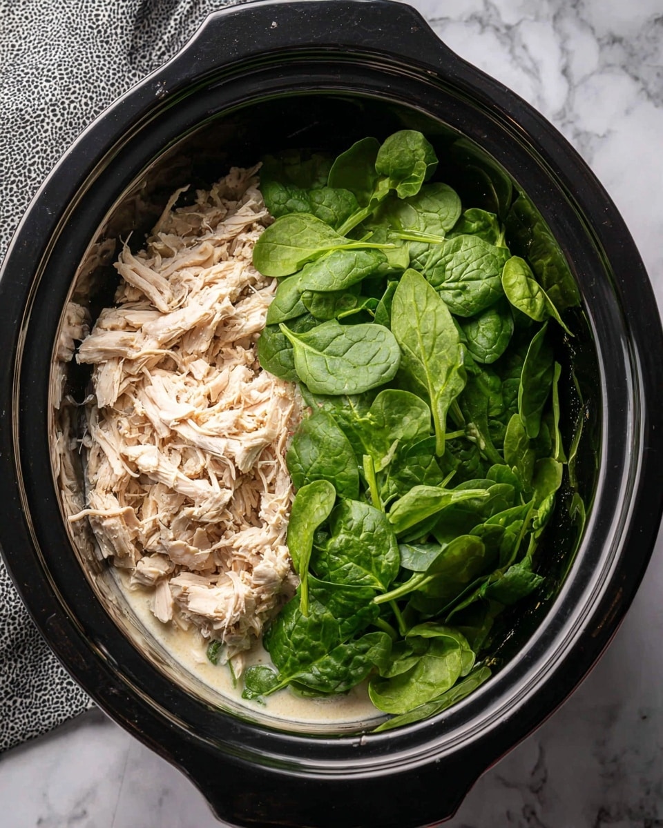 Inside a black slow cooker, there are two main layers: on the left and top side, light beige shredded chicken pieces with a soft, fibrous texture fill about half the space; on the lower right side, a thick layer of fresh, bright green spinach leaves with smooth surfaces and rounded shapes covers the base, resting on a creamy, light off-white liquid that pools at the bottom. The slow cooker sits on a white marbled surface with a gray patterned cloth partially visible at the top left. photo taken with an iphone --ar 4:5 --v 7