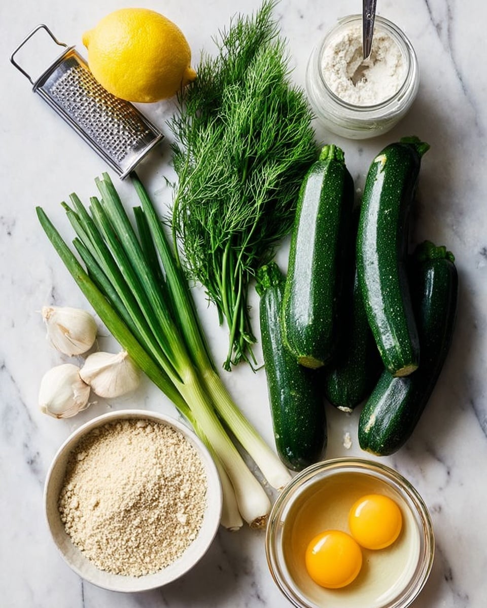 The image shows a white marbled surface holding fresh and raw ingredients arranged neatly. There are three dark green zucchinis placed diagonally in the middle, to the right of them seven green onions with white bulbs lie horizontally. Above the green onions is a bundle of fresh green dill. Near the lower middle, there are three cloves of garlic in a cluster. In the bottom left corner, there is a white bowl filled with light beige breadcrumbs. To its right is a clear glass bowl with two raw eggs, the yellow yolks visible inside. In the top left corner, there is a whole yellow lemon, and beside it a metal grater stands upright. On the top right side, there is a clear glass jar with white sauce inside and a spoon resting in it. Next to the jar is a small white bowl filled with white flour. photo taken with an iphone --ar 4:5 --v 7