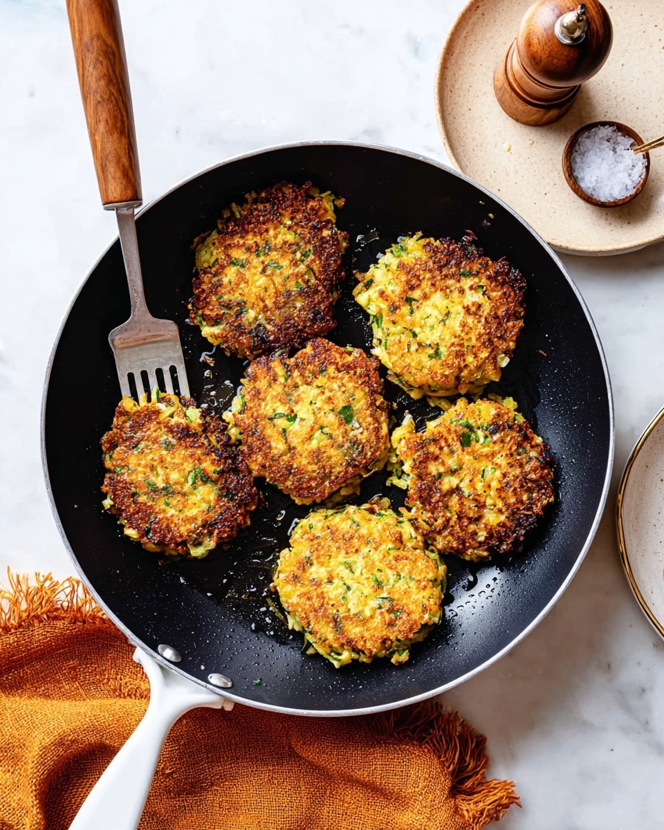 A black frying pan with a white handle contains six golden-brown fritters with visible green herb and vegetable bits, showing a crispy and textured surface. One fritter is held by a metal spatula with a wooden handle resting inside the pan. The pan sits on a white marbled surface, next to a beige plate holding a wooden pepper grinder and some coarse salt. An orange textured cloth is partially under the pan’s handle, and a white plate with a gold rim is partly visible on the right side. photo taken with an iphone --ar 4:5 --v 7