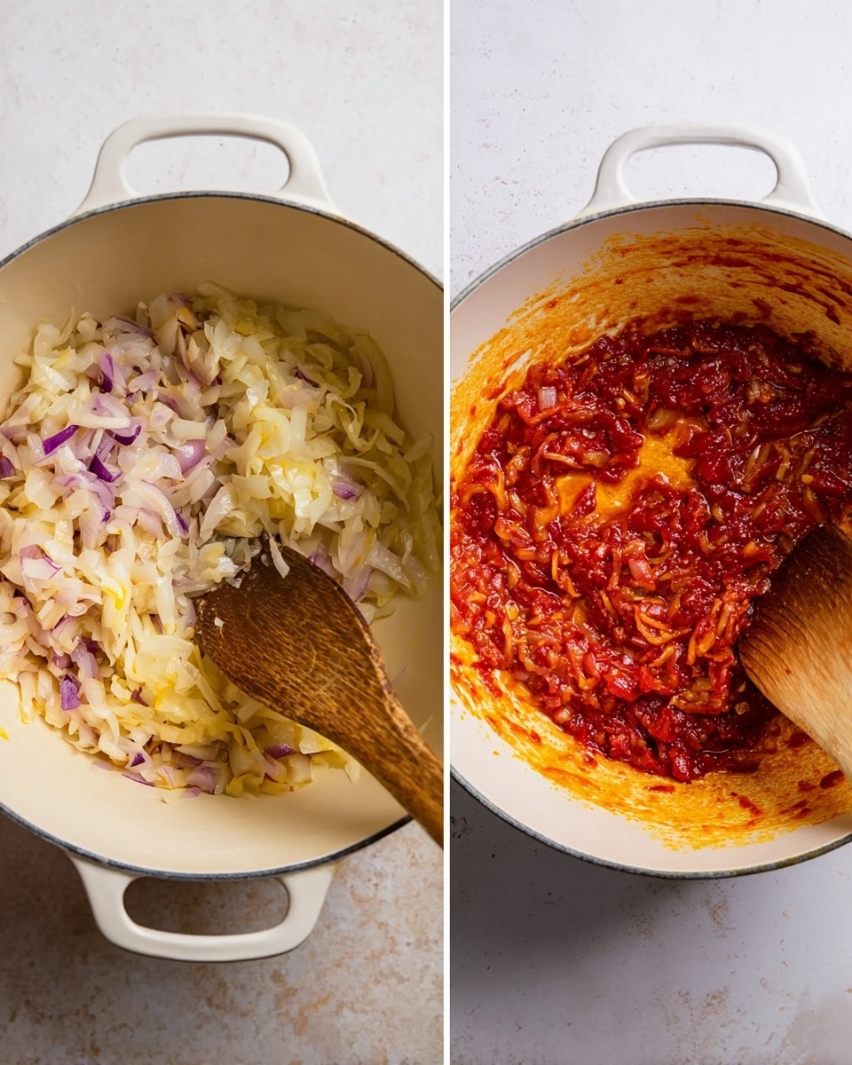 The image shows two white pots on a white marbled surface, each with a wooden spoon inside. The pot on the left has a mix of light yellow and pale purple layers of cooked onions, soft and translucent, with bits of darker purple scattered throughout. The wooden spoon stirs gently through the onions. The pot on the right contains a thick red sauce with visible chunks of tomatoes and orange oil streaks around the sides, giving it a rich textured look, while the wooden spoon rests inside the sauce. Photo taken with an iphone --ar 4:5 --v 7
