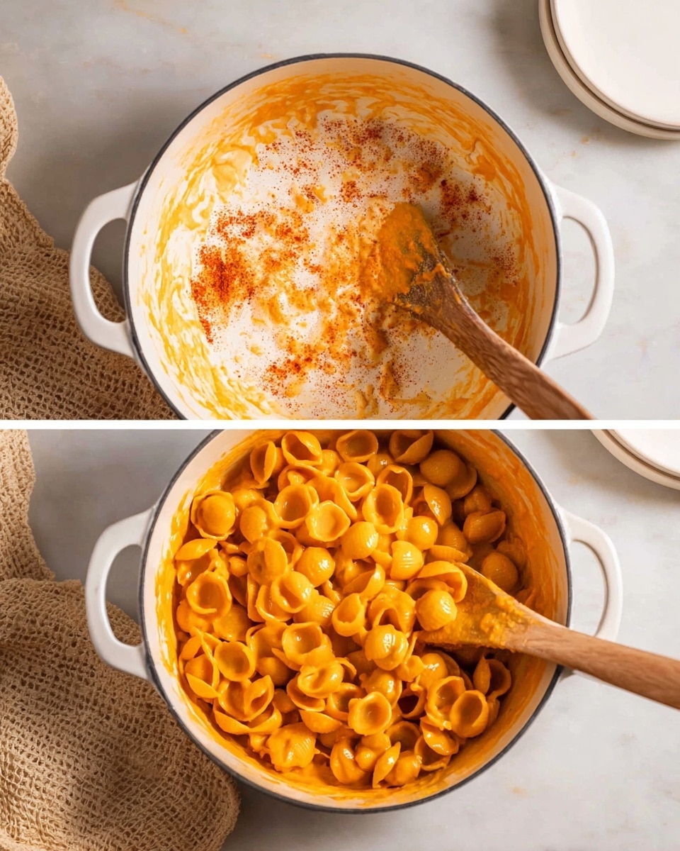 The first image shows a white pot with light brown bits and orange stains from cooking on the creamy white base inside, with a wooden spoon resting on the edge. The pot sits on a white marbled surface with a beige woven cloth nearby and a white plate below. The second image shows the same white pot now filled with small round shell pasta covered in smooth, bright orange cheese sauce. The wooden spoon is inside the pot, lifting some pasta. The pot remains on a white marbled surface with the woven cloth visible to the left and a white plate near the top right. Photo taken with an iphone --ar 4:5 --v 7