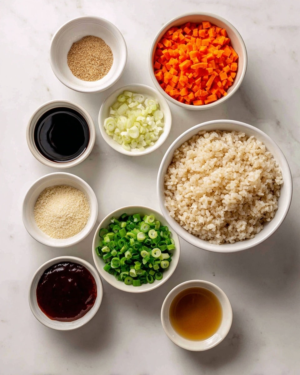 A top view of multiple clear glass bowls arranged on a white marbled surface, each containing different ingredients for cooking. On the left side, a medium bowl holds raw, peeled shrimp that are light grayish white. Nearby, a small white measuring cup contains bright yellow chicken broth. Centered near the top, a medium bowl is filled with fresh, bright green spinach leaves. Below it, a medium bowl holds yellow-colored orzo pasta. Below orzo, a small bowl contains finely chopped white onion. Around these, smaller bowls hold various ingredients: bright yellow lemon juice, white grated parmesan cheese, light yellow butter, green chopped parsley, finely minced pale yellow garlic, small portions of black and white salt and pepper, a dark greenish mix of Italian seasoning, bright yellow lemon zest, and golden yellow olive oil. The ingredients are spaced neatly and labeled with black text above each bowl. Photo taken with an iphone --ar 4:5 --v 7