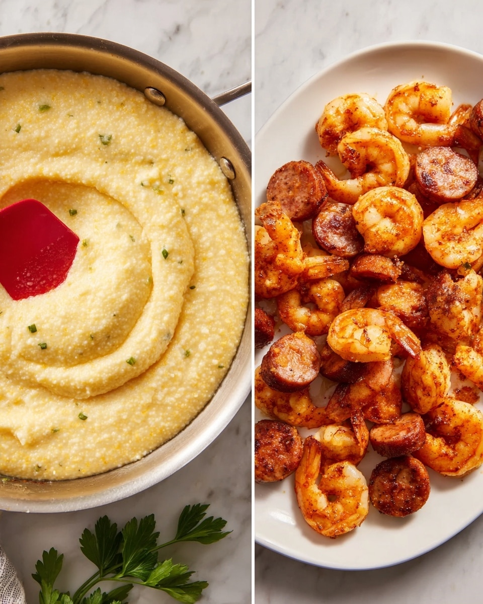 The first image shows a metal pan filled with creamy, pale yellow grits that have a smooth, slightly thick texture. A red spatula is partially dipped into the grits, resting on the edge of the pan. The second image shows a white oval plate on a white marbled surface, piled with cooked shrimp coated in a reddish seasoning and slices of browned sausage with a rich, reddish-brown color. A few green parsley leaves are placed at the bottom left edge of the plate. photo taken with an iphone --ar 4:5 --v 7