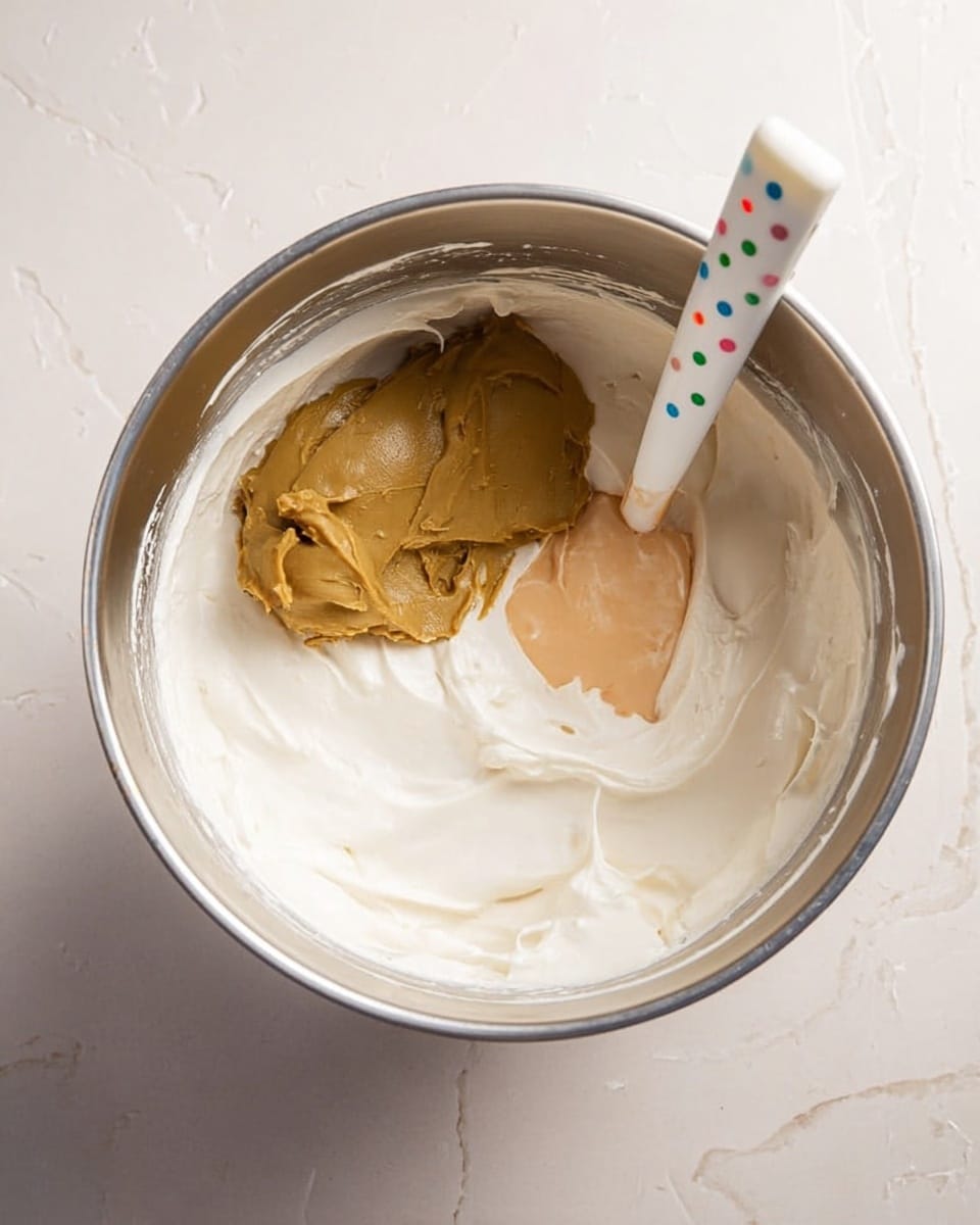 A round silver mixing bowl sits on a white marbled surface, containing three layers of ingredients that are yet to be fully mixed. The base layer is a smooth, bright white creamy mixture spread evenly around the bowl. On top, there are two separate dollops: one is a thick, olive-brown paste, and the other is a lighter tan liquid, both positioned side by side but not blended. A white spatula with colorful small dots rests inside the bowl, its edge touching the mixtures. photo taken with an iphone --ar 4:5 --v 7