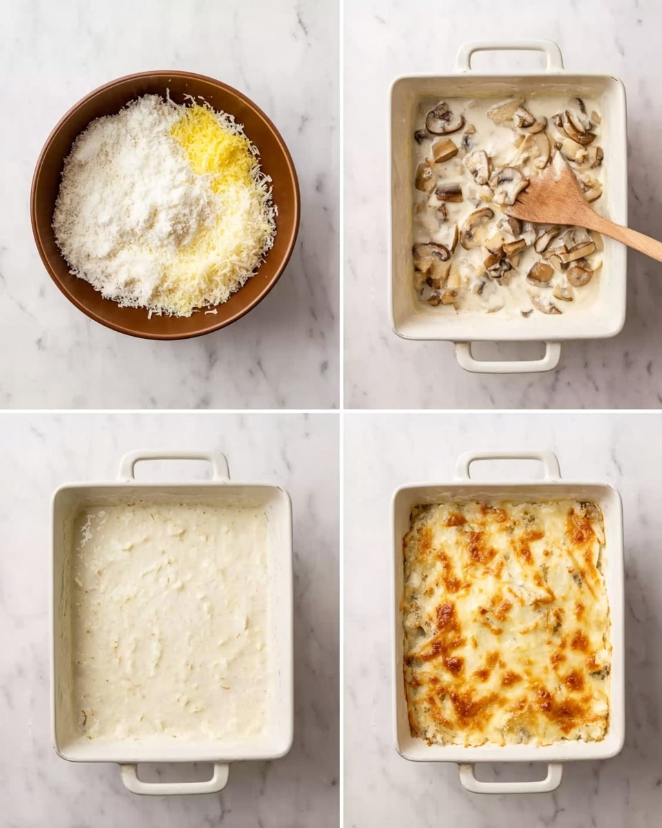 Four images show the cooking process of a baked dish on a white marbled surface. The first image has a top view of a brown bowl filled with three ingredients: white grated cheese on the left, marks of yellow butter or margarine on top, and diced cooked mushrooms on the right. The second image shows the same bowl with all ingredients mixed into a creamy white sauce, with a wooden spoon stirring it. The third image shows the sauce spread evenly in a white square baking dish with two handles on the sides. The fourth image shows the same dish after baking, with a golden brown melted cheese layer on top, with some browned spots. Photo taken with an iphone --ar 4:5 --v 7