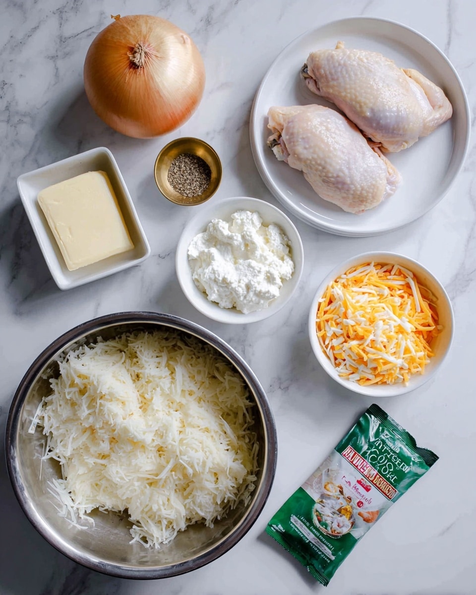 The image shows ingredients arranged on a white marbled surface for cooking. There are two raw chicken pieces on a white plate in the top right corner. Below the chicken is a small white bowl with thick white cottage cheese. Near the bottom left, a large metal bowl is filled with shredded white potatoes. To the left of the metal bowl is a small square white container holding a thick piece of butter. Above the butter is a small white bowl filled with shredded orange and white cheese. At the top center, there is a whole yellow onion. Near the middle is a small round brass dish with black pepper and salt. In the bottom right corner, a green packet of chicken soup powder lies flat. Everything is shown clearly with natural light. Photo taken with an iphone --ar 4:5 --v 7
