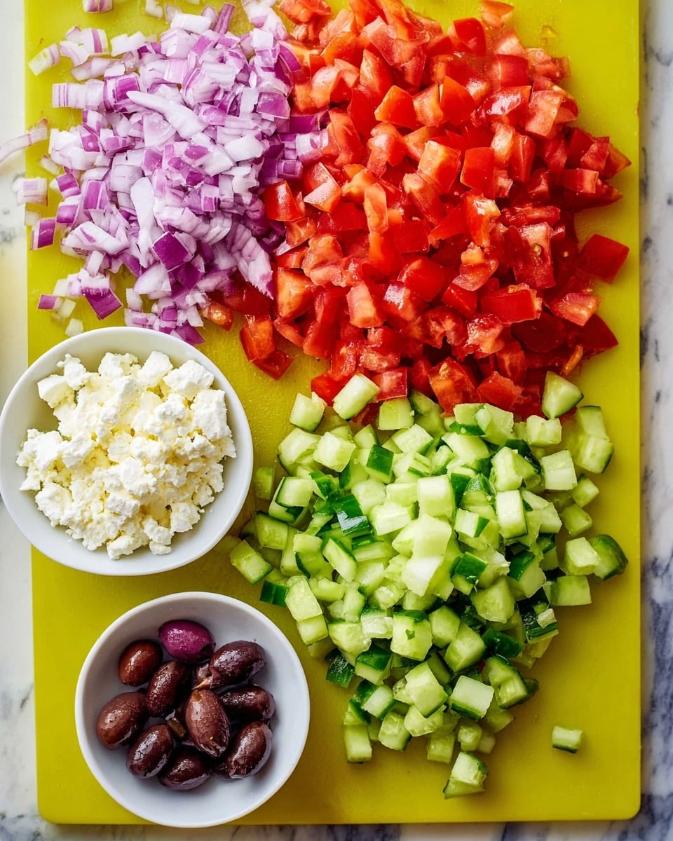 The image shows a white marbled surface with a bright yellow cutting board on it. On the board, from top to bottom, there are three piles of chopped vegetables: finely chopped purple onions on the top left, diced red tomatoes covering the middle right side, and diced green cucumbers below the tomatoes. Two small white bowls are placed on the lower left side of the board, one filled with white crumbled cheese and the other holding dark purple olives. The colors are fresh and vivid, showing a fresh preparation of salad ingredients. Photo taken with an iphone --ar 4:5 --v 7