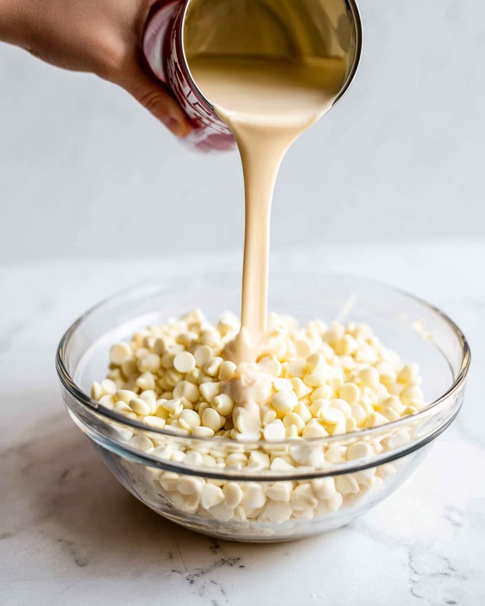 A clear glass bowl filled with many small, white chocolate chips forms the base layer, with a stream of thick, light beige sweetened condensed milk pouring from a can held by a woman's hand above the bowl, creating a smoother, glossy layer on top of the chips. The background and surface have a white marbled texture, adding brightness and contrast to the creamy ingredients photo taken with an iphone --ar 4:5 --v 7