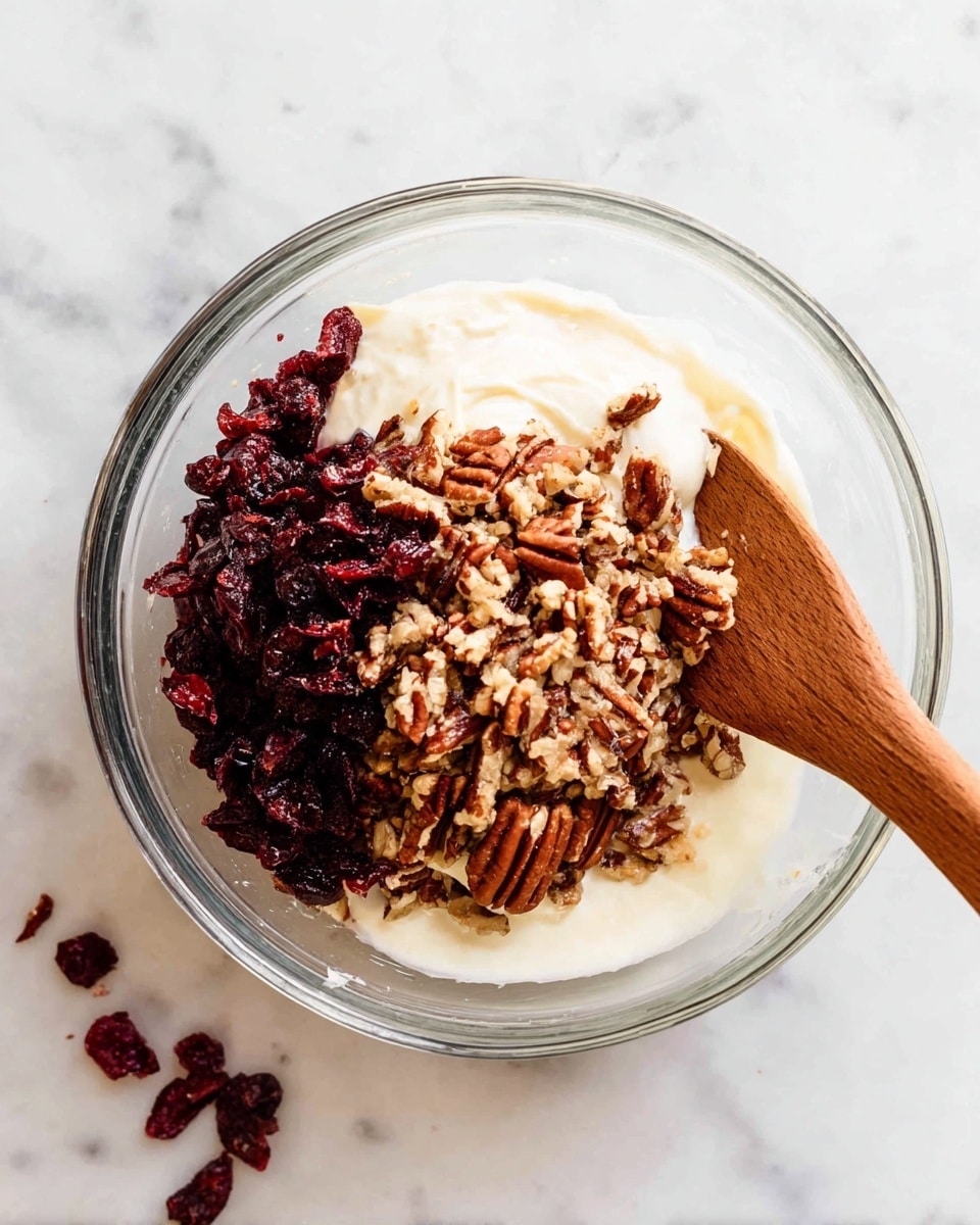 A clear glass bowl sits on a white marbled surface containing three visible layers: the bottom layer is a creamy, smooth white mixture; on the left side, a pile of dark red dried cranberries adds texture and rich color; the top center and right side hold a heap of light brown, chopped pecans with a slightly rough texture. A wooden spatula rests inside the bowl, partly covering the nut layer, ready to mix the ingredients. A few dried cranberry pieces are scattered around the bowl on the marbled surface. Photo taken with an iphone --ar 4:5 --v 7