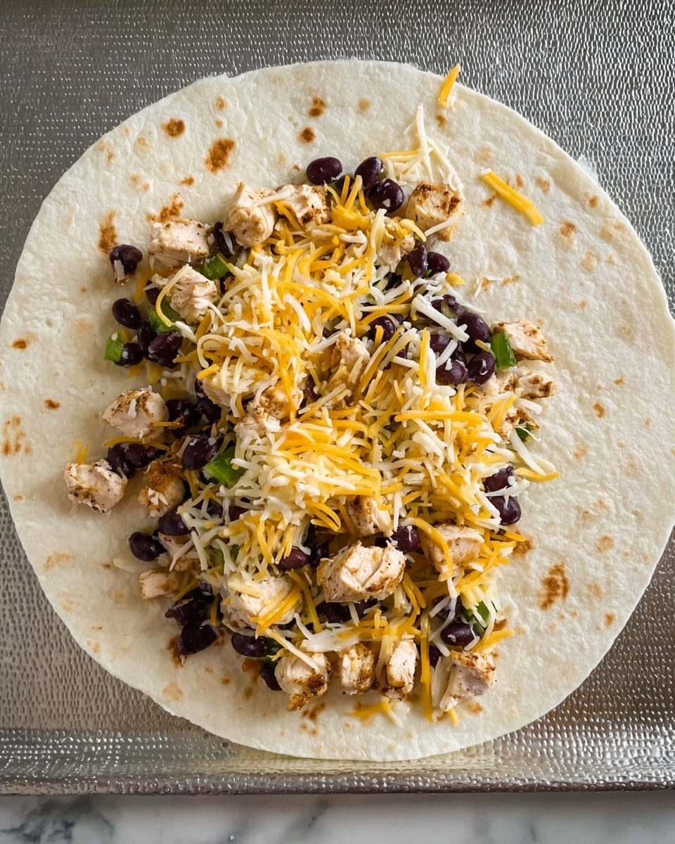 A white flour tortilla lies flat on a textured metal tray, topped with a mix of shredded yellow and white cheese spread evenly across the center. Small pieces of cooked chicken with a light brown color are sprinkled over the cheese, along with black beans scattered throughout. Tiny bits of green peppers and small cooked onion pieces are mixed in, adding pops of color and texture. The scene is set on a white marbled surface. photo taken with an iphone --ar 4:5 --v 7