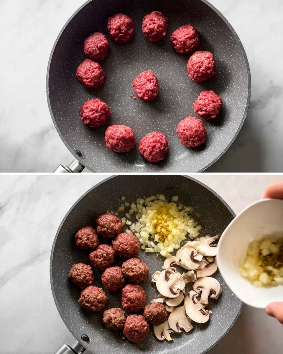 The first part of the image shows a frying pan with nine small, round raw meatballs spread evenly in a circle with one in the middle. The meatballs are red and textured, sitting on a dark gray non-stick pan. The second part of the image shows the same pan now with cooked brown meatballs spread around the pan. In the middle of the pan, there are light brown chopped onions, light yellow minced garlic, and sliced white mushrooms with brown sides being poured in from a white bowl held by a woman's hand. The pan rests on a white marbled surface. photo taken with an iphone --ar 4:5 --v 7