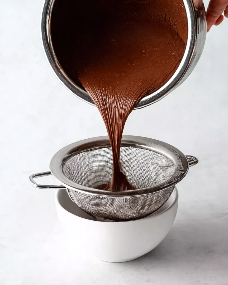 A close-up image shows a woman’s hand pouring smooth, thick chocolate batter from a metal bowl through a fine metal sieve into a white bowl below. The batter is dark brown and glossy, with a creamy texture. The sieve, held steady above the bowl, is round with a fine mesh that catches any lumps. The background surface is a white marbled texture. Photo taken with an iphone --ar 4:5 --v 7