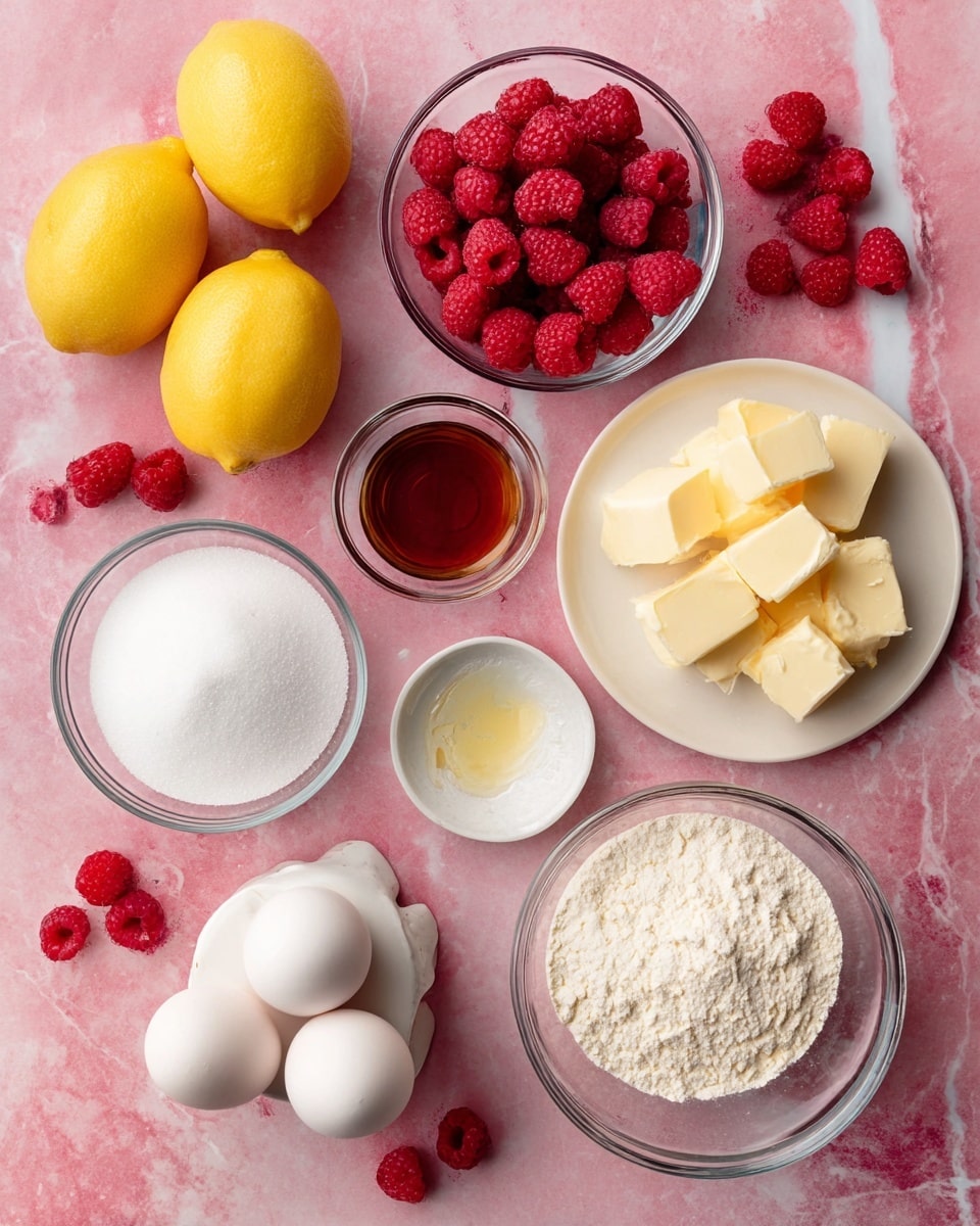 The image shows a flat lay of ingredients on a pink surface with a white marbled texture. There are three whole yellow lemons grouped in the top left. Below them is a transparent bowl filled with frozen red raspberries. Near the center top, there is a small clear bowl holding vanilla extract, with another small bowl containing white salt next to it. A medium clear bowl full of white sugar is placed in the middle. Below the sugar bowl is a white holder with three white eggs. To the right side, a white plate carries several cubes of pale yellow butter. In the bottom right corner, there is another clear bowl containing white flour. A few fresh raspberries and a lemon wedge are scattered along the top right edge of the image. Photo taken with an iphone --ar 4:5 --v 7