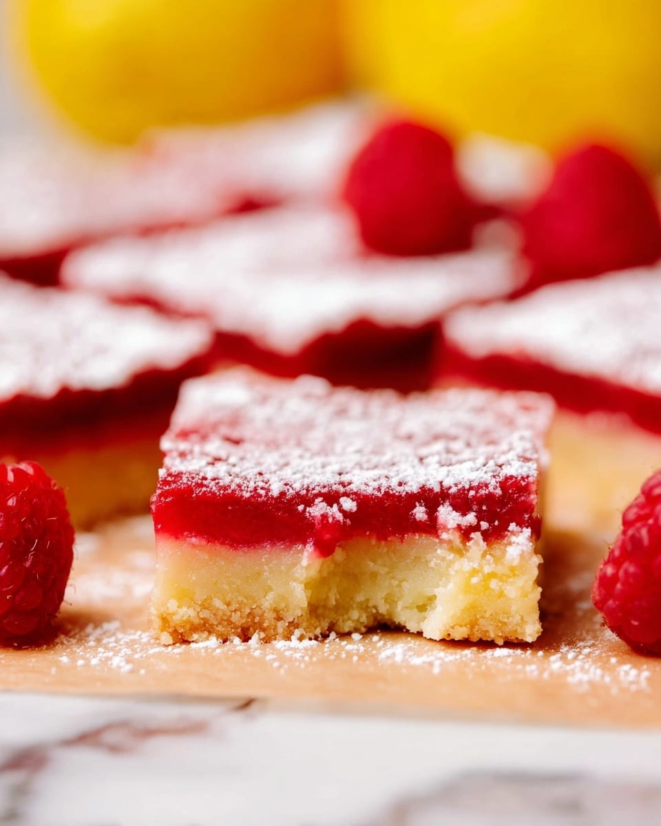 The image shows a close-up of square dessert bars arranged on light brown parchment paper over a white marbled surface. Each bar has three clear layers: the bottom layer is thick and golden brown with a crumbly texture, the middle layer is smooth and bright red, and the top layer is a dusting of white powdered sugar. One bar in the front has a small bite taken out, revealing the layers clearly. Scattered around the bars are fresh red raspberries, adding pops of color. In the background, a blurred yellow object is visible, likely a lemon, giving a hint of the flavors. The photo taken with an iphone --ar 4:5 --v 7