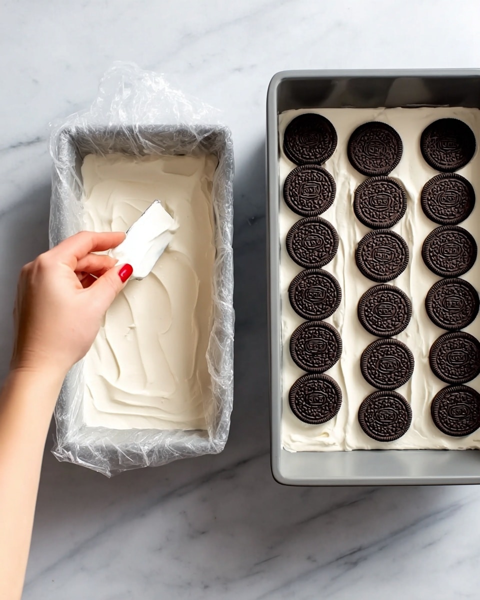 A woman's hand with red nail polish is spreading a smooth white cream layer evenly inside a rectangular gray baking pan lined with plastic wrap; beside the pan on a white marbled surface is a chocolate sandwich cookie. In the next image, the pan shows one thick layer of white cream forming the base, topped with a single layer of whole chocolate sandwich cookies spread evenly to cover the cream completely. Photo taken with an iphone --ar 4:5 --v 7