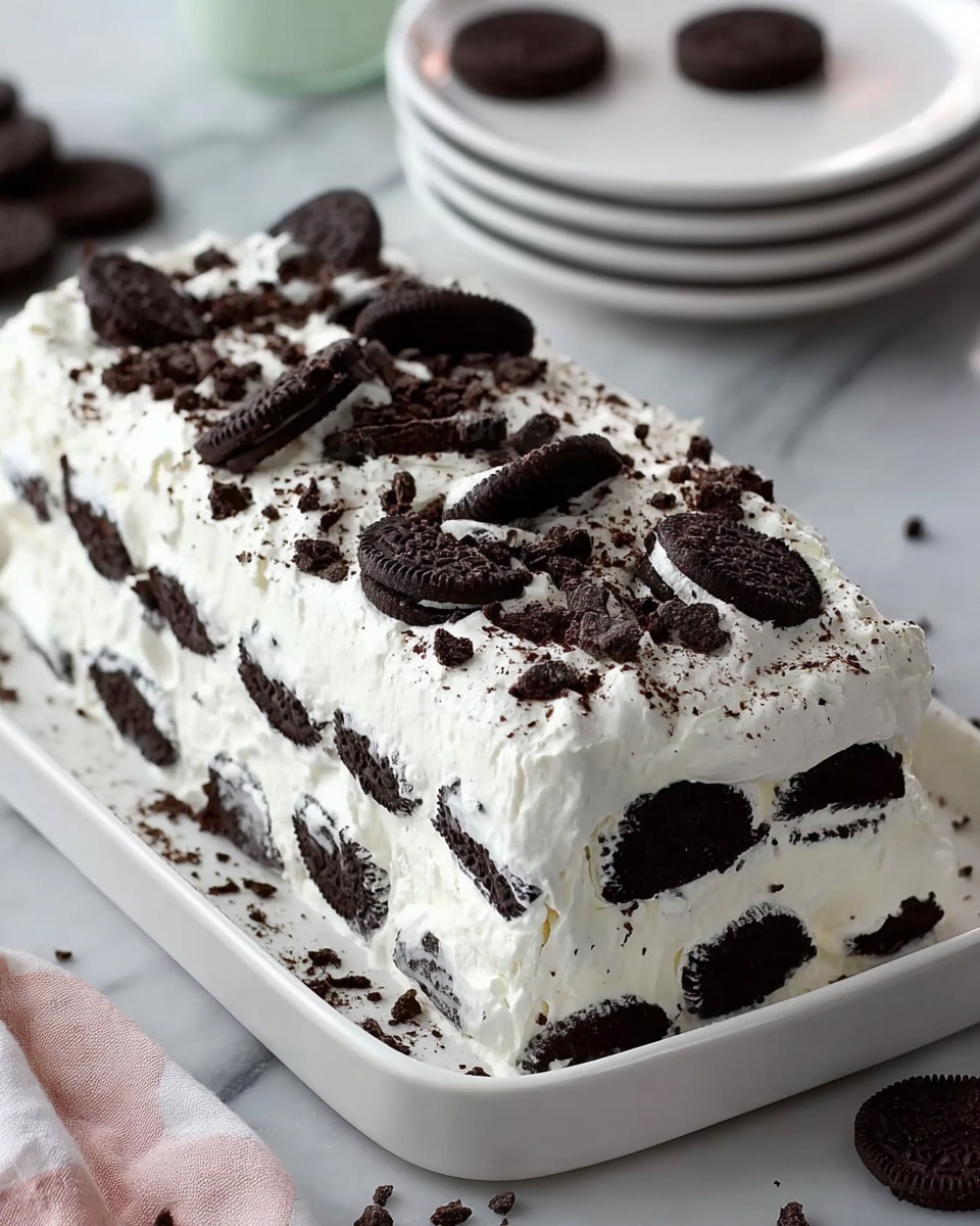 A rectangular layered dessert is shown on a white dish, placed on a white marbled surface. The dessert has three visible layers of white whipped cream that look soft and fluffy. Between each cream layer, there are whole and broken dark chocolate sandwich cookies, adding a strong contrast with their black color. The top layer is fully covered with whipped cream, and on it, many pieces of chocolate sandwich cookies are scattered, some whole and some crushed, giving a rough texture. The background shows a stack of clean white plates and some full chocolate sandwich cookies nearby. photo taken with an iphone --ar 4:5 --v 7