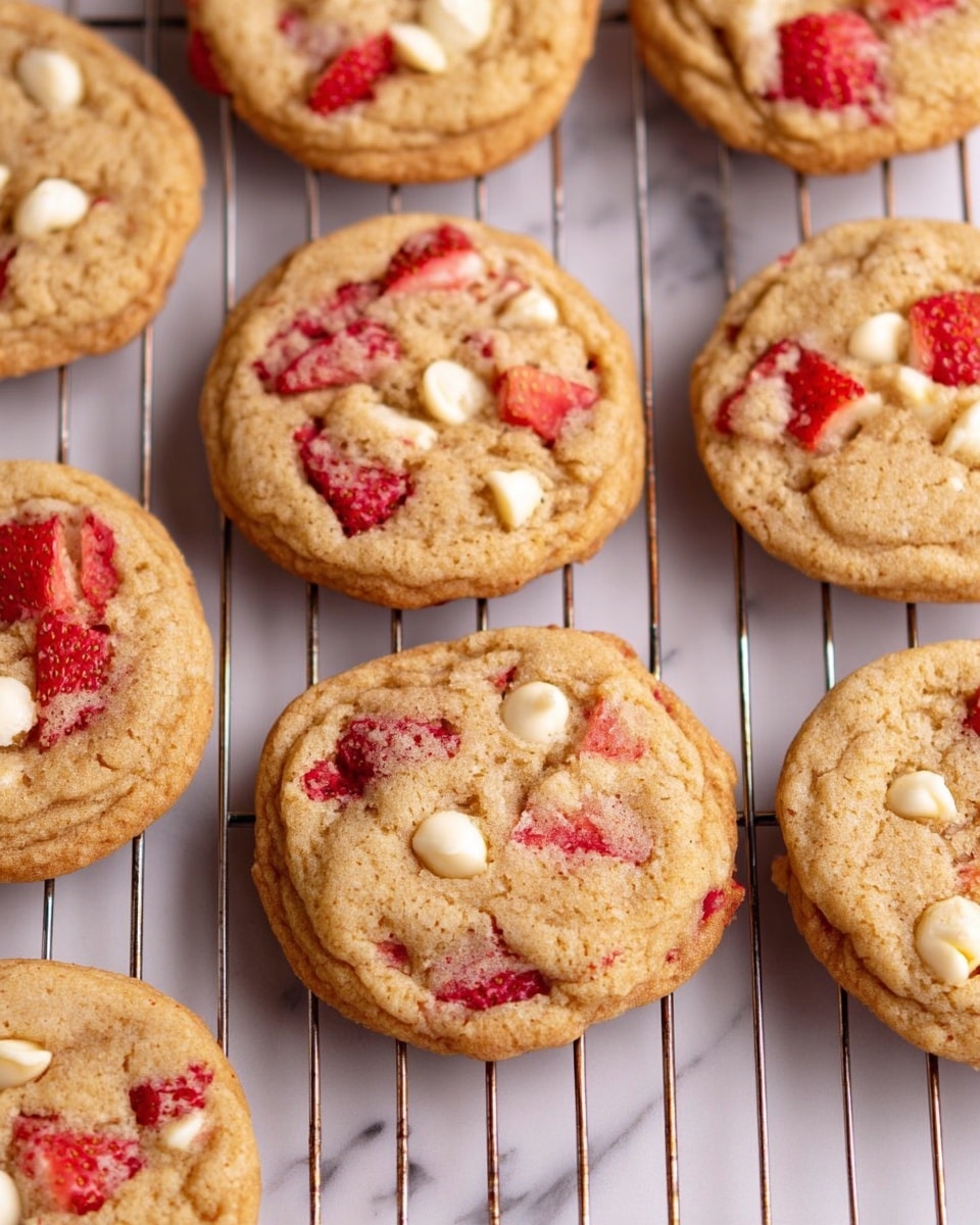 The image shows a cooling rack filled with round cookies that have a golden brown color and a soft, slightly cracked texture. Each cookie is embedded with bright red chunks of strawberries and creamy white chocolate chips, which are evenly spread on the top surface. The cookies have a slightly thick and chewy look with a light, golden edge. The cooling rack is placed on a white marbled surface. photo taken with an iphone --ar 4:5 --v 7