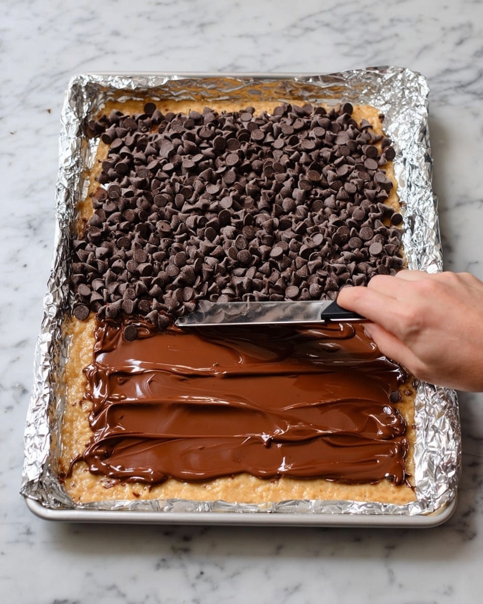 A rectangular baking tray lined with crinkled aluminum foil holds a flat, golden-brown base layer that looks like baked dough. The top half is covered with a thick layer of semi-melted, shiny dark chocolate chips, while the bottom half is being spread with smooth, melted chocolate using a shiny spreading knife held by a visible arm. The background is a white marbled surface. photo taken with an iphone --ar 4:5 --v 7