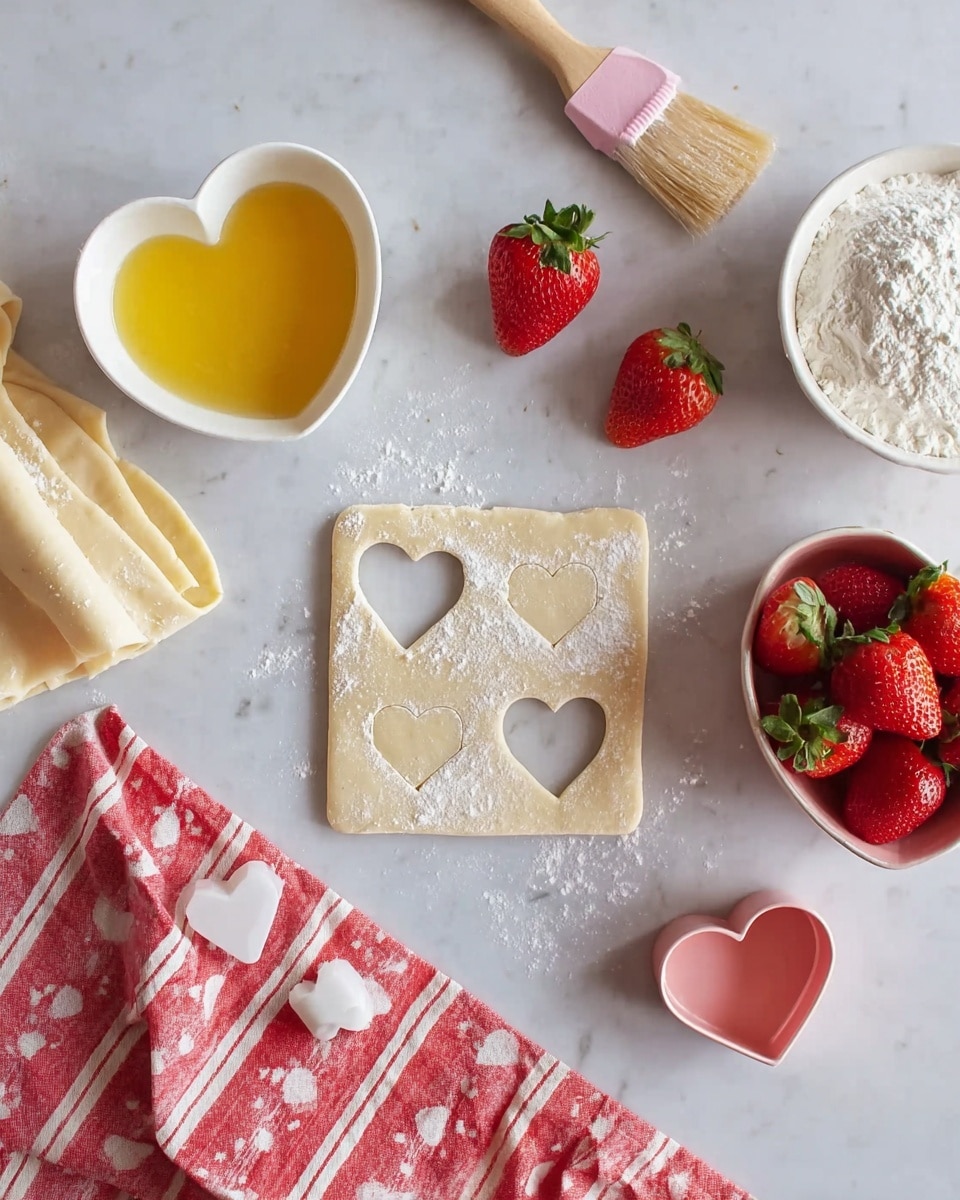 The image shows a white marbled surface with a square piece of dough in the center, dusted with flour and having three heart shapes outlined and one heart shape already cut out. To the left of the dough is a folded light-colored pastry sheet and a white heart-shaped bowl filled with a yellow liquid, likely egg wash, resting on a red and white striped cloth with heart patterns. Above the dough is a light pink pastry brush and three fresh red strawberries with green tops. On the right side, there is a white heart-shaped bowl filled with white powdered sugar, and below it, a pink heart-shaped bowl full of bright red strawberries. A heart-shaped cookie cutter sits near the bottom edge of the dough. Photo taken with an iphone --ar 4:5 --v 7