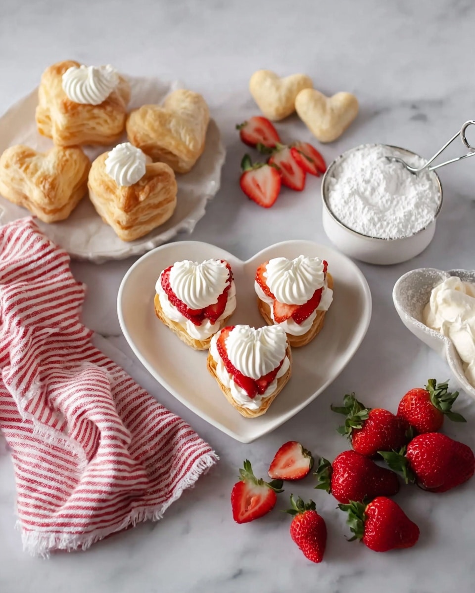 The image shows heart-shaped pastries in light golden brown color arranged on a white marbled surface. At the center, three pastries are placed on a white heart-shaped plate. Each pastry has a layer of thin sliced red strawberries topped with swirls of white whipped cream. Around the plate, there are more plain heart-shaped pastries, some stacked on a red and white striped cloth, giving a soft texture. To the right, there is a cluster of fresh red strawberries with green tops, a heart-shaped white dish filled with white powdered sugar, and a large white piping bag filled with whipped cream. The overall look is soft, light, and fresh with a mix of white, red, and golden brown colors. photo taken with an iphone --ar 4:5 --v 7