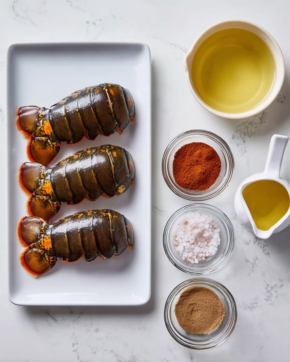 Two raw lobster tails with dark brown shells and some orange seasoning on them are placed side by side on a white rectangular plate in the left part of the image. On the right side, there are four small clear glass bowls lined vertically on a white marbled surface. From top to bottom, the bowls contain red powder, light brown powder, another light brown powder, and coarse white salt. Next to the glass bowls is a white measuring cup filled with golden-yellow oil, and a small clear glass bowl above it with a pale yellow liquid. The scene is bright and clean. Photo taken with an iphone --ar 4:5 --v 7
