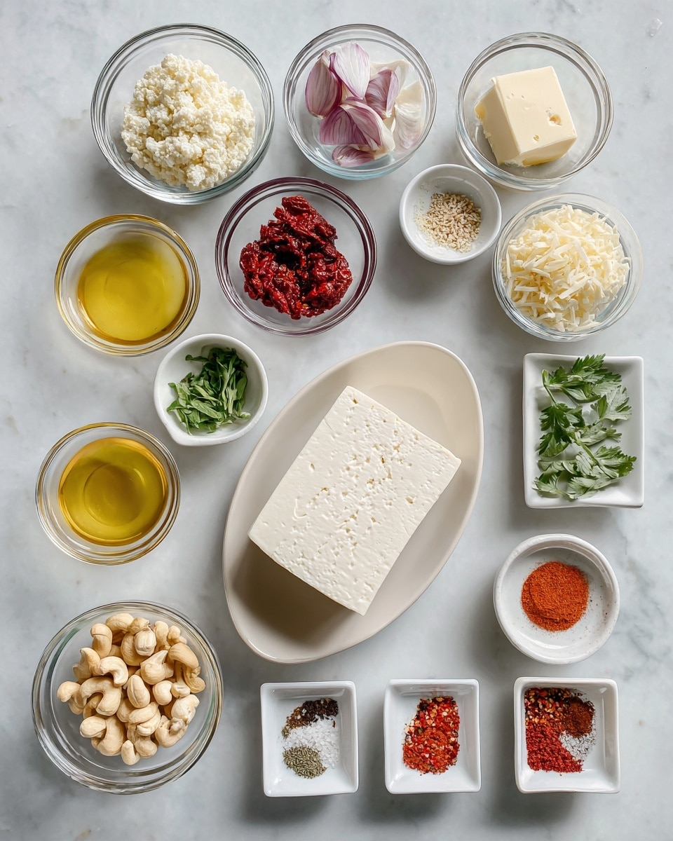 The image shows a top view of various clear glass bowls and small white dishes arranged neatly on a white marbled surface, each filled with different ingredients. At the center is a rectangular white block of tofu on an oval white dish. Around it are bowls with yellow broth, chopped light purple shallots, deep red sundried tomatoes, bright orange sun dried tomato oil, white flour, shredded pale yellow dairy-free parmesan, pale green basil and parsley leaves, clear water, whole cashews, and small bowls holding light yellow garlic, a cube of pale dairy-free butter, and a white dish with four types of powdered seasonings: black pepper, salt, garlic powder, and poultry seasoning. Another dish contains paprika, Italian seasoning, and red pepper flakes, all laid out clearly with a tidy and clean presentation. photo taken with an iphone --ar 4:5 --v 7