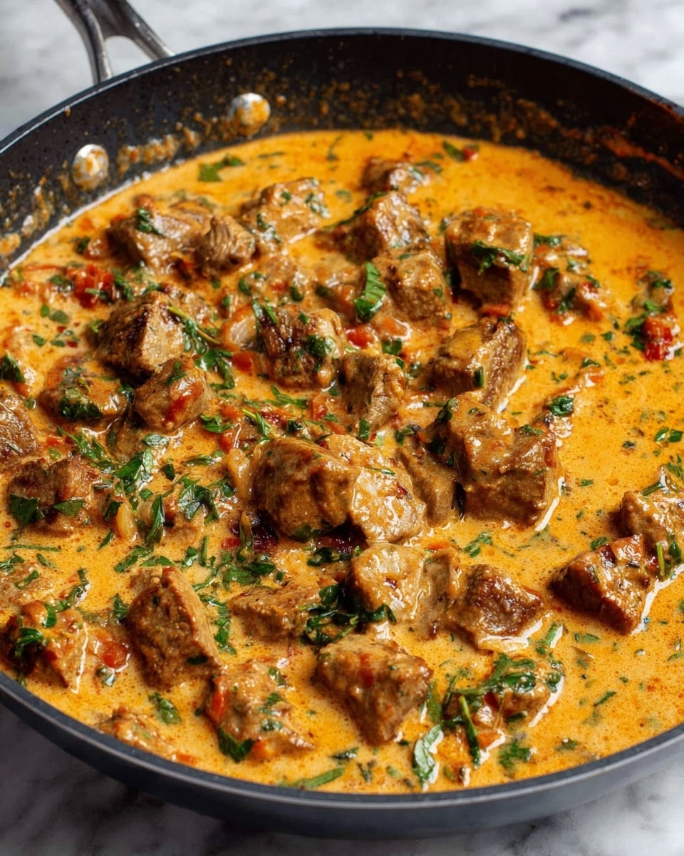 A close-up view of a black frying pan filled with chunks of browned meat simmering in a thick, creamy orange sauce with green herb pieces and small bits of red and white ingredients mixed throughout. The sauce looks rich and smooth, coating the meat evenly. The pan sits on a white marbled surface. photo taken with an iphone --ar 4:5 --v 7