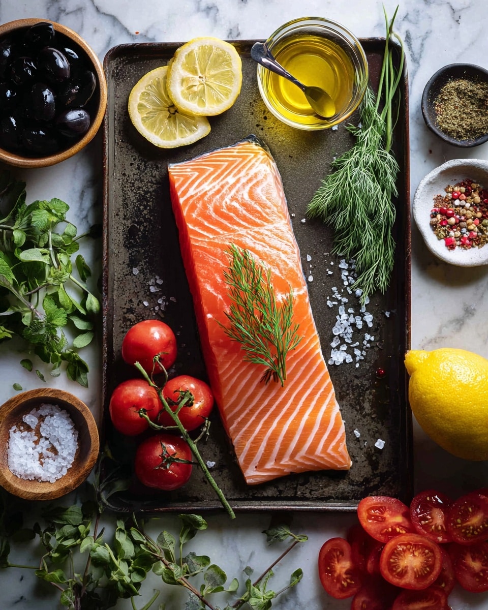 A fresh salmon fillet with a bright orange color and thin white lines lies in the middle of a rustic dark gray tray. On top of the salmon, there is a small green sprig of dill. Above the salmon, there are two lemon wedges with light yellow color next to a clear glass container filled with golden olive oil and a dark spoon inside it. To the left side of the salmon, three small bright red tomatoes and some fresh green leaves are scattered alongside a small wooden bowl filled with black olives. Around the tray, there are fresh green herbs and small bowls, one containing coarse white salt and another with red spices. To the right bottom of the tray, a whole yellow lemon rests next to sliced red cherry tomatoes. The whole scene is set on a white marbled surface. Photo taken with an iphone --ar 4:5 --v 7