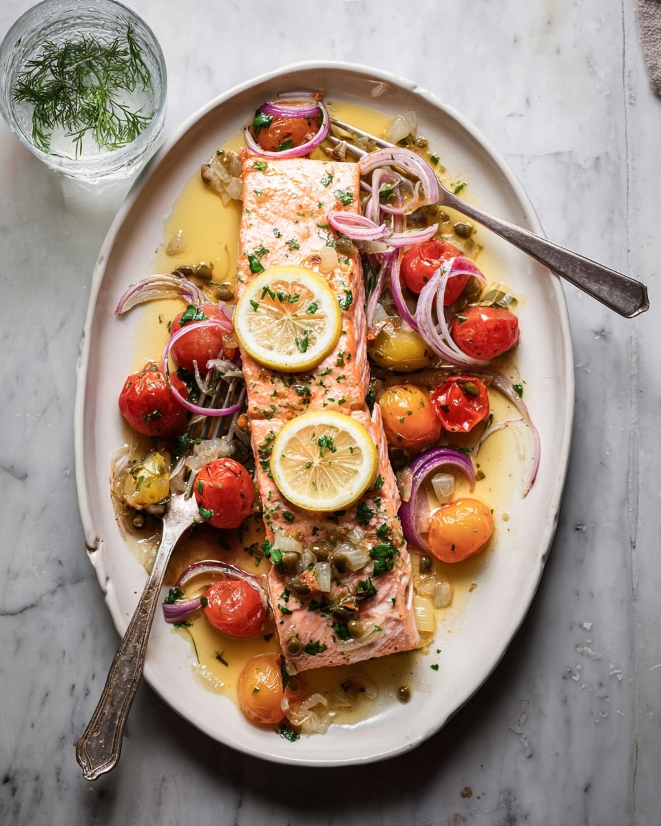 A white oval plate holds a large piece of cooked salmon with a light pink and orange color, topped with two thin slices of lemon. Around and on the salmon are thin purple onion slices, bright red small tomatoes, and light yellow small onions, mixed with green herbs and bits of sauce that look oily and light yellow. To the side, there is a vintage fork resting partially on the salmon. The plate sits on a white marbled surface with a glass of water containing a sprig of green herbs nearby. photo taken with an iphone --ar 4:5 --v 7