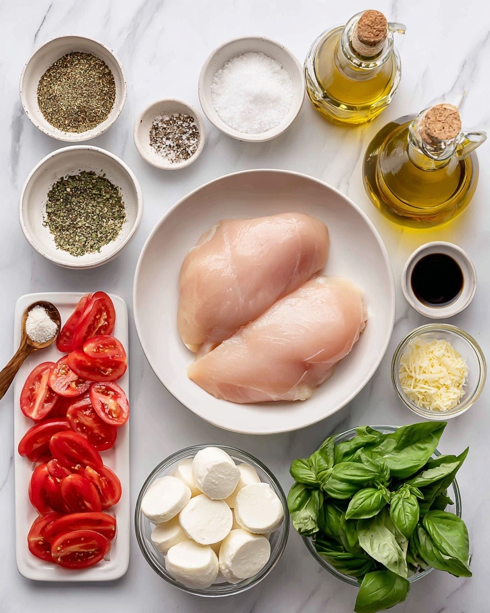 The image shows a white bowl in the center with two raw chicken breasts that are pale pink and smooth. Around the bowl are small bowls and plates with different ingredients: at the top left, a white bowl with dried Italian seasoning of brown and green tones; next to it, small white bowls containing salt and black pepper; at the top right, glass bottles of golden olive oil and dark balsamic vinegar; below them, a white bowl with round, white slices of fresh mozzarella; to the bottom right, fresh green basil leaves; near the bottom center, small glass bowls holding pale yellow minced garlic and creamy light yellow Dijon mustard; to the bottom left, a small white bowl with dark balsamic glaze and a wooden spoon; at the left side, a white rectangular plate with red tomato slices, and fresh basil leaves at the far left. The background has a white marbled texture. photo taken with an iphone --ar 4:5 --v 7