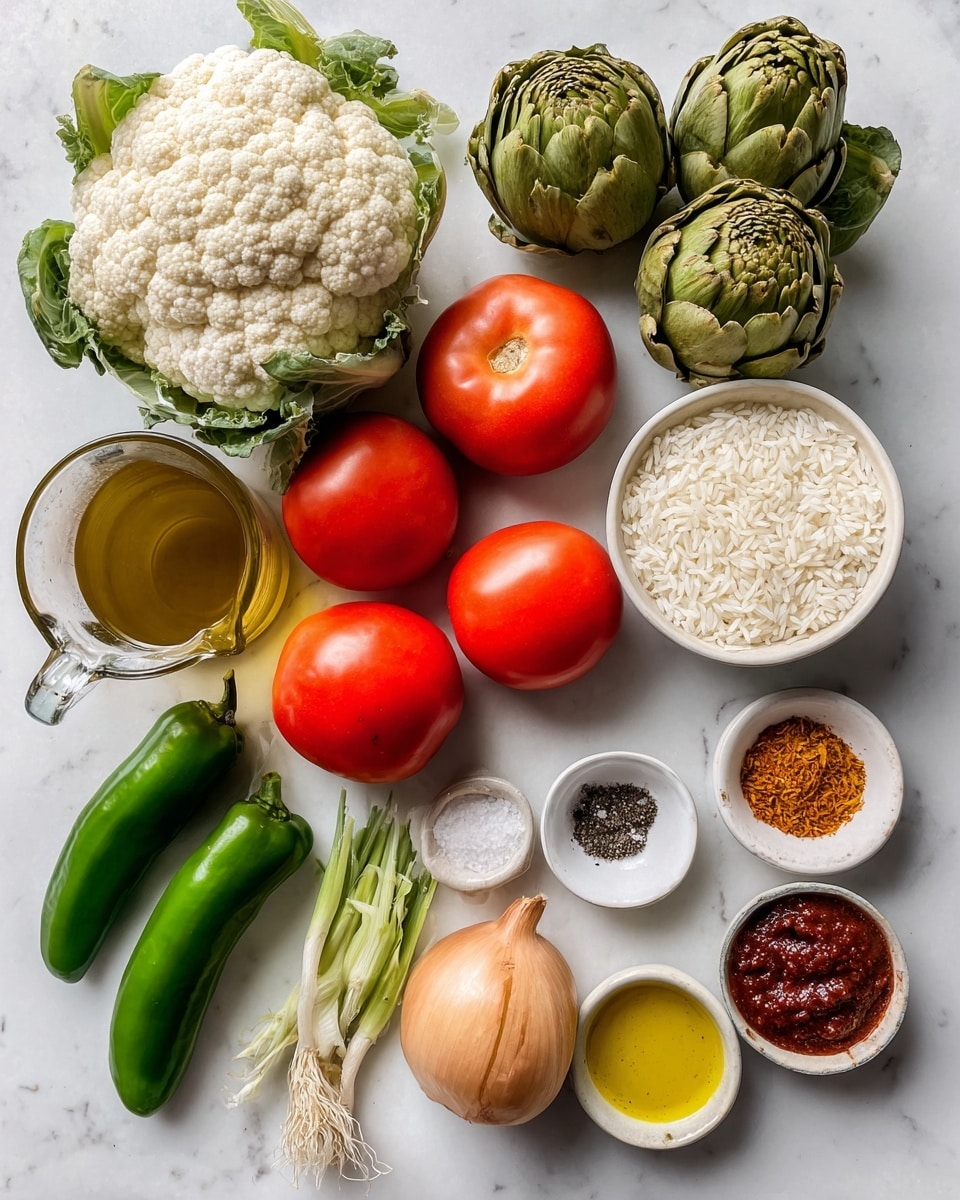 The image shows a top view of fresh ingredients neatly placed on a white marbled surface, each labeled. There is a large cauliflower with rough white florets and green leaves on the left, next to a group of green artichokes with layered, tough outer leaves in the center. Three bright red tomatoes with smooth skin sit near a beige white onion with papery skin and a bunch of thin spring garlic with long green stalks and white bulbs below. To the right, a white bowl is filled with small, round white rice grains. Nearby are small white bowls holding coarse salt, black peppercorns, bright yellow olive oil, and red saffron threads. Above the rice, two long, shiny green Italian green peppers rest next to a small brown bowl of deep red pimiento choricero paste. A clear glass jug filled with amber vegetable broth is at the top left. The arrangement is clean and colorful, showing fresh and natural textures. Photo taken with an iphone --ar 4:5 --v 7