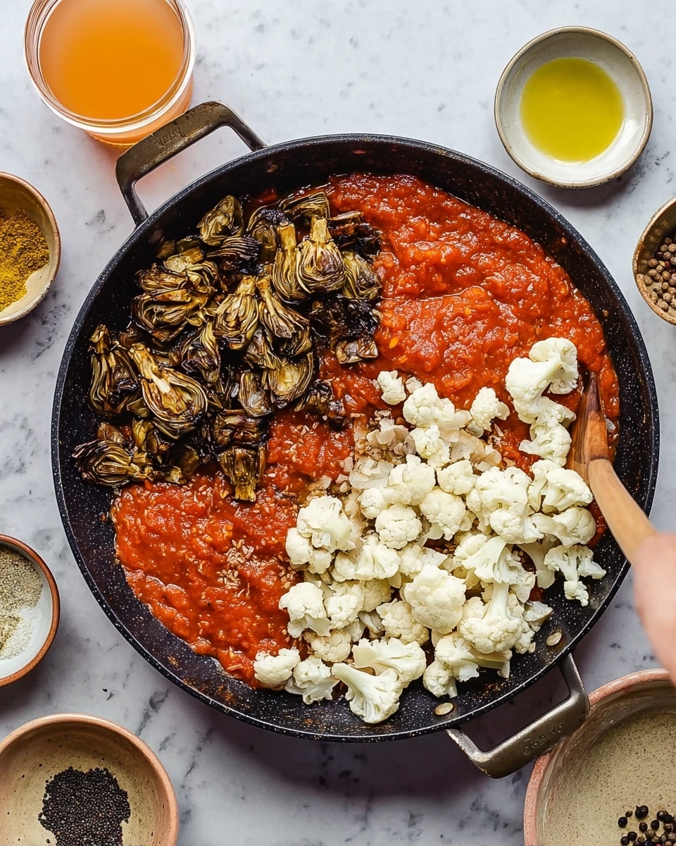 A large black pan filled halfway with bright red chunky tomato sauce, covering most of the base, topped on the left side with dark brown grilled or roasted artichoke pieces, and on the right side with white fresh cauliflower florets scattered evenly, creating a clear split between the two vegetables. The pan has two side handles and sits on a white marbled surface. Around the pan are several small white bowls containing different ingredients like light green oil, small grains, and black peppercorns, along with a light orange drink in a glass. A woman’s hand holding a wooden spatula is partially visible inside the pan, touching the tomato sauce layer. Photo taken with an iphone --ar 4:5 --v 7