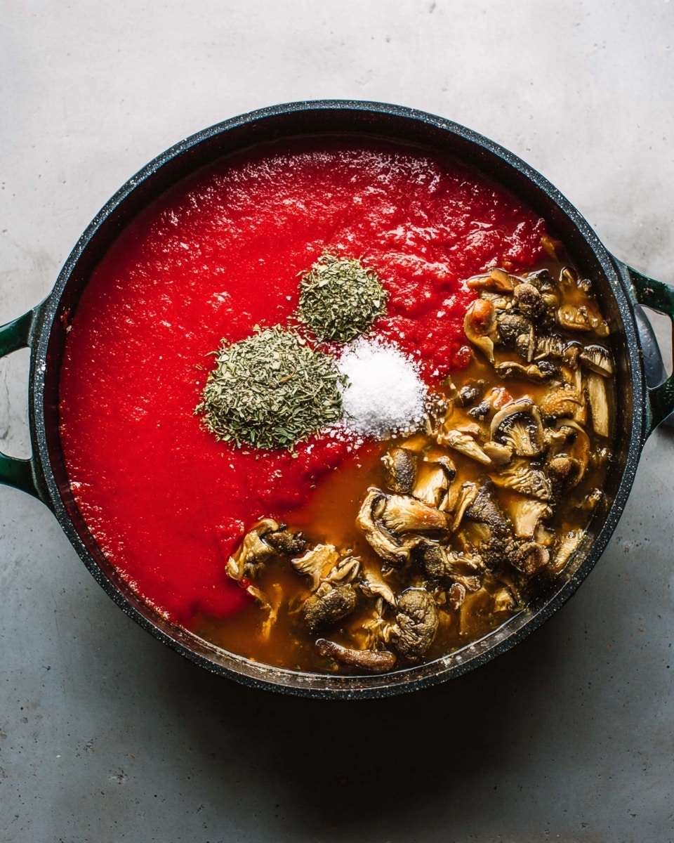 A black pan is filled with two main layers of ingredients. On the left side, there is a thick, bright red sauce that looks smooth. On the right side, there is a brown liquid with sliced mushrooms and larger whole brown mushrooms that have a rough texture. On top of the red sauce near the center, there are two small piles of green dried herbs and white salt placed side by side. The surface under the pan is a white marbled texture. photo taken with an iphone --ar 4:5 --v 7