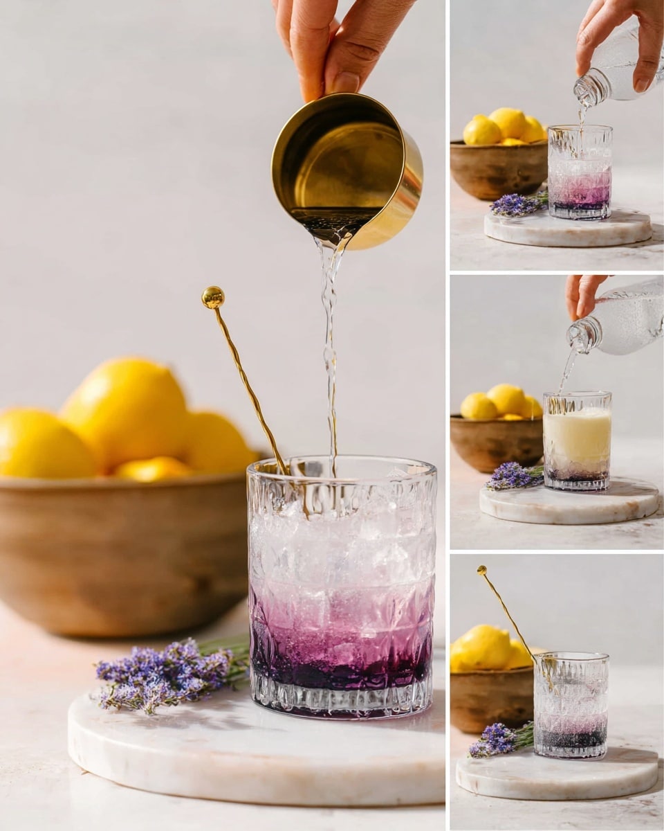 A clear textured glass sits on a white marbled board with a small bunch of purple flowers and lemon slices nearby, showing four steps. In step one, a woman's hand pours a clear purple liquid from a brass jigger into the empty glass. In step two, the woman's hand pours a light cream-colored liquid over the purple layer at the bottom of the glass. In step three, a woman's hand pours a clear sparkling liquid from a plastic bottle into the two-layered glass. In step four, the glass now has a twisted brass stirrer standing inside, with the purple layer at the bottom, the cream layer in the middle, and the sparkling top layer visible. The background is white with a bowl holding yellow lemons. Photo taken with an iphone --ar 4:5 --v 7