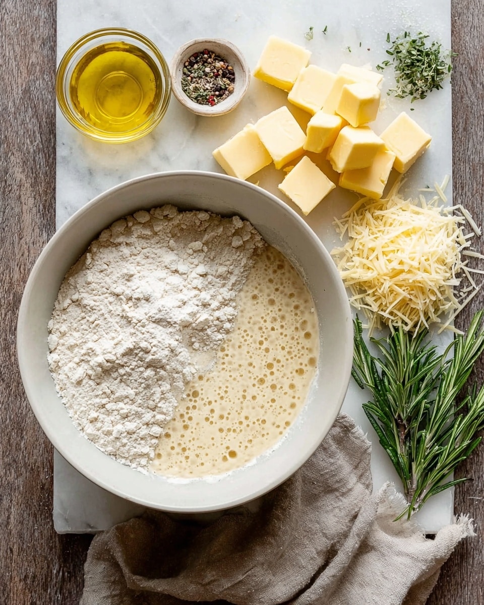 The image shows a white bowl filled with two layers inside: one side has white flour with a fine powder texture, and the other side contains a bubbly light beige mixture, suggesting yeast or batter. Around the bowl on a white marbled surface are small cubes of yellow butter stacked in two piles, a small clear glass bowl filled with golden olive oil, a pile of shredded pale yellow cheese, coarse white salt, black peppercorns, fresh green rosemary sprigs, and a small pile of chopped fresh rosemary. A beige cloth is partially visible under the bowl on the right side. Photo taken with an iphone --ar 4:5 --v 7