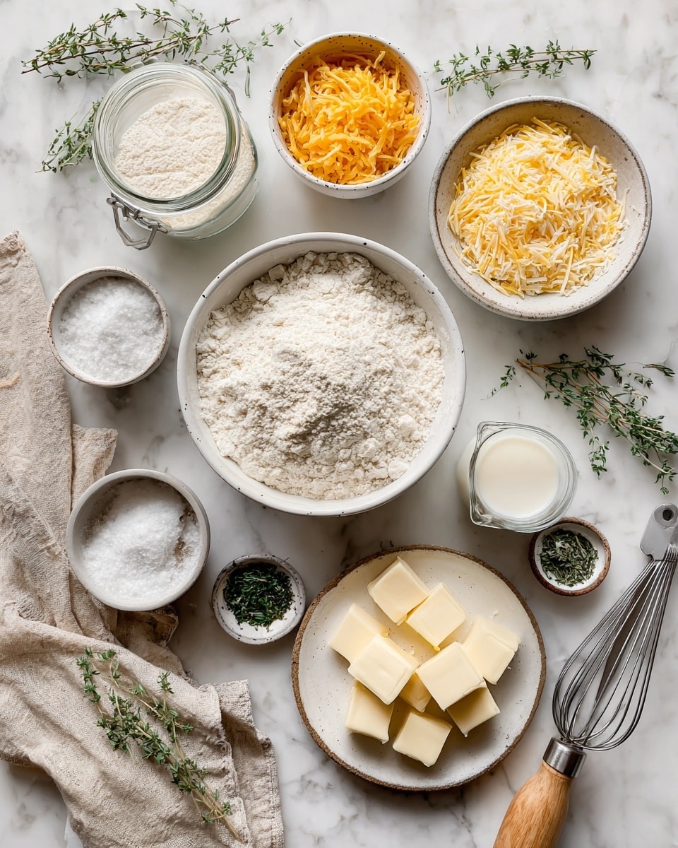 The image shows a top-down view of various baking ingredients arranged neatly on a white marbled surface. At the center is a white bowl filled with 120g of all-purpose flour, surrounded by smaller bowls and containers holding 240g sourdough discard in a glass jar at the top left, 100g sharp cheddar cheese shredded in a white bowl at the top right, 14g baking powder in a small white bowl near the bottom left, 3g salt in another small white bowl beside the baking powder, 1g finely chopped herbs near the right center, 60g whole milk in a small clear glass jug just below the herbs, and 57g unsalted butter cut into cubes on a white plate at the bottom center. A whisk instrument is near the bottom right, while a pizza cutter with a wooden handle lies diagonally across a beige cloth to the left. Sprigs of fresh thyme are scattered around for decoration. Photo taken with an iphone --ar 4:5 --v 7