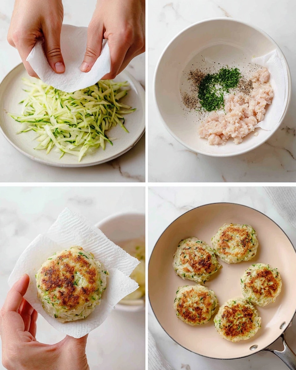 The first image shows a white plate with shredded green zucchini being squeezed inside folded white paper towels by two woman's hands. The second image has a white bowl with light pink raw chicken mix topped with small piles of chopped green herbs, white salt, and black pepper. The third image shows a woman's hand holding a round patty made from the chicken mixture with visible green zucchini bits, with more mixture in the white bowl below. The last image shows four golden-browned patties with light green and white bits frying in a pale pink pan, a metal spatula seen flipping one patty. The background is white marbled texture photo taken with an iphone --ar 4:5 --v 7