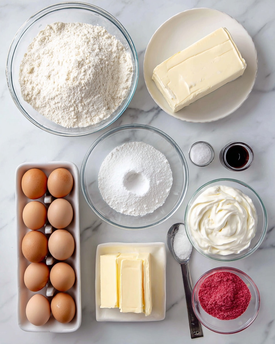 The image shows various baking ingredients arranged neatly on a white marbled surface. There is a large clear glass bowl filled with off-white all purpose flour at the top left. To its right, a white plate holds a solid block of cream cheese that is smooth and white. Below the cream cheese, a large clear glass bowl is filled with fine, white sugar with a small indentation on top. On the left side below the flour, a white rectangular dish contains six brown eggs with smooth shells. Near the center bottom, two sticks of butter with a pale yellow color are placed side by side. Next to the butter, a small dark bottle of vanilla extract stands upright. To the right of the vanilla, a small clear glass bowl contains white sour cream with a creamy and slightly thick texture. A metal measuring spoon holding fine kosher salt is placed beside the sour cream. In the bottom right corner, there is a small clear bowl with bright pink strawberry Kool-Aid powder, visibly granular. photo taken with an iphone --ar 4:5 --v 7