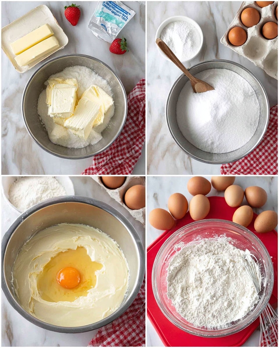 The image shows four steps of mixing ingredients in metal and glass bowls on a white marbled surface. The top left shows a steel bowl with thick, pale cream cheese and two sticks of light yellow butter on top, beside a white bowl full of fine white sugar and a partially opened butter wrapper with a blue label. Top right shows the same steel bowl now filled halfway with white sugar layered on top of the cream cheese and butter, with a visible wooden spoon inside, and a white rectangular tray with six brown eggs on the side. The bottom left shows the same steel bowl with a smooth, pale yellow creamy mix with a cracked raw egg yolk sitting in the center, surrounded by four brown eggs in a white tray and egg shells scattered on the surface. The bottom right shows a clear glass bowl filled halfway with white flour, sitting on a red silicone mat, with flour dusted around it and a metal whisk and measuring spoon nearby. The overall scene is bright and clean with strawberries in the corners and a red checkered cloth nearby photo taken with an iphone --ar 4:5 --v 7